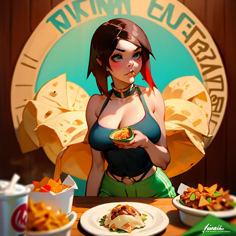 Woman wearing a poncho, tight tank top and tight hot pants eating tacos, tortillas and nachos at a Mexican food stall highest quality There is a bottle of coke on the table
