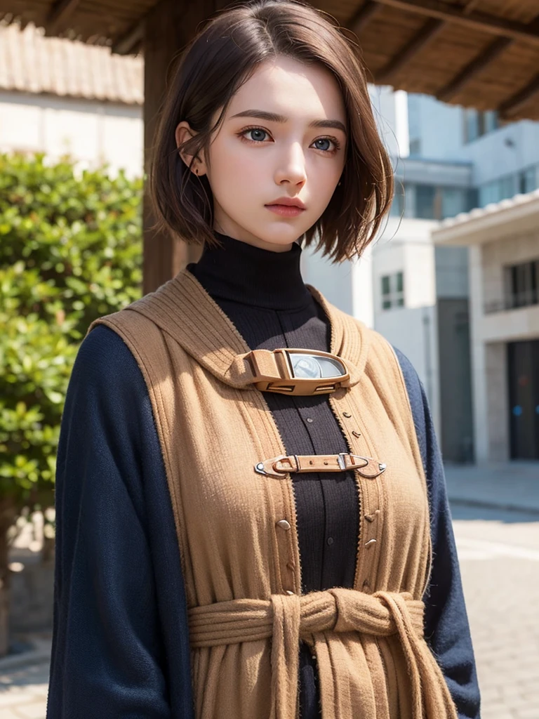 masterpiece, best quality, 8k, super detailed skin, looking off into the distance, jealous, cute, 1girl, short hair, wearing boubou, a secret society of time travelers, 
