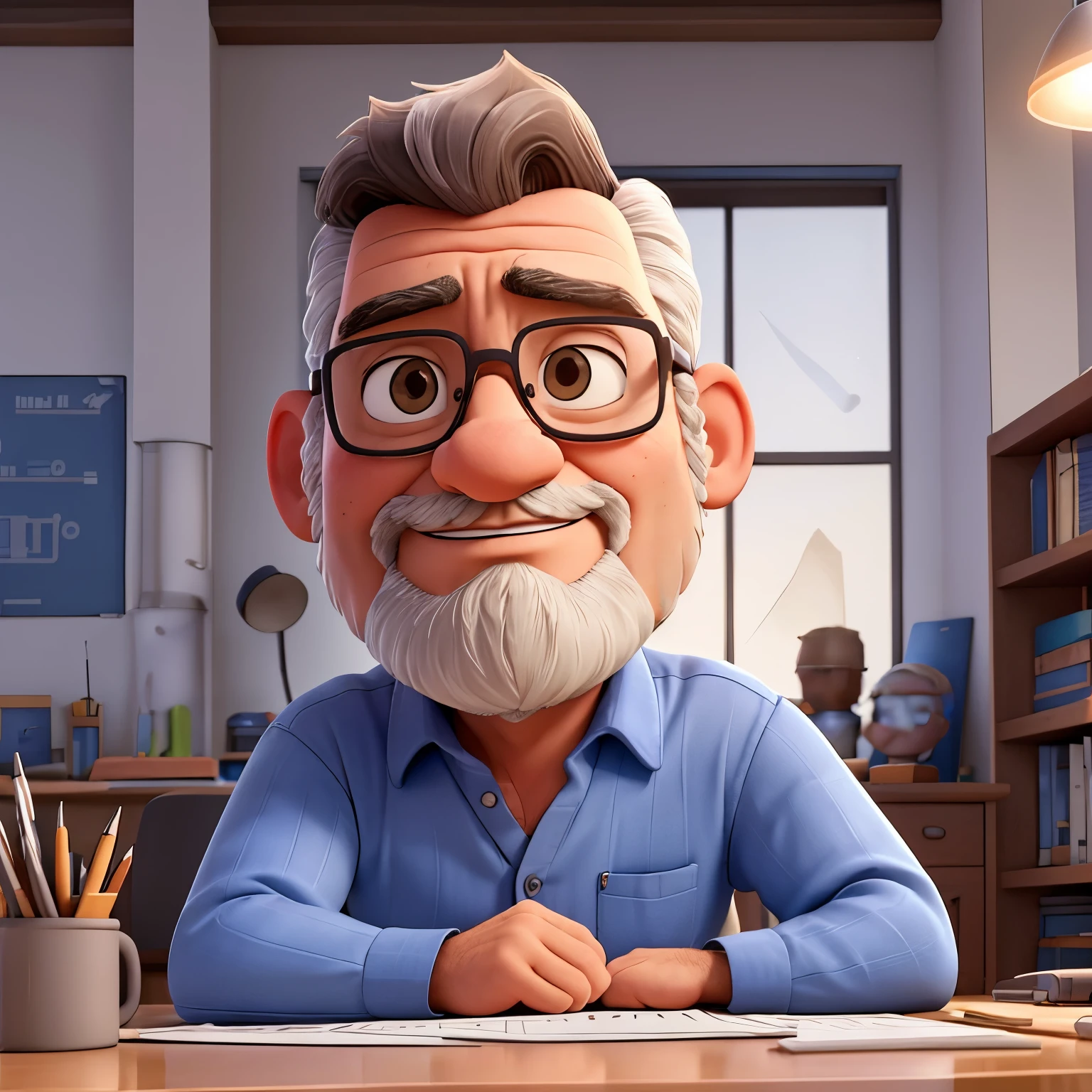 In the image, a 50-year-old male structural engineer with graying hair, looking slightly stressed, is seated at a desk. The room is illuminated by the soft glow of a desk lamp. Construction plans spread out before him, covered in calculations and markings. He wears glasses and, unlike a Lego man, this engineer has no beard. With a furrowed brow, he intently studies the blueprints, calculating and problem-solving, lost in thought as he brings buildings to life with his expertise. The room is filled with a quiet hum of creativity and the sound of pencil on paper.