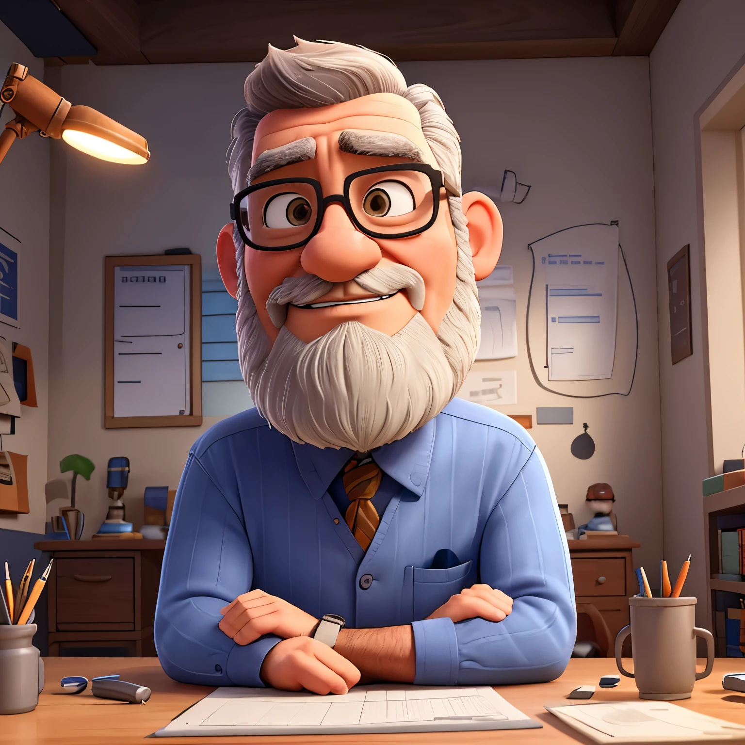 In the image, a 50-year-old male structural engineer with graying hair, looking slightly stressed, is seated at a desk. The room is illuminated by the soft glow of a desk lamp. Construction plans spread out before him, covered in calculations and markings. He wears glasses and, unlike a Lego man, this engineer has no beard. With a furrowed brow, he intently studies the blueprints, calculating and problem-solving, lost in thought as he brings buildings to life with his expertise. The room is filled with a quiet hum of creativity and the sound of pencil on paper.