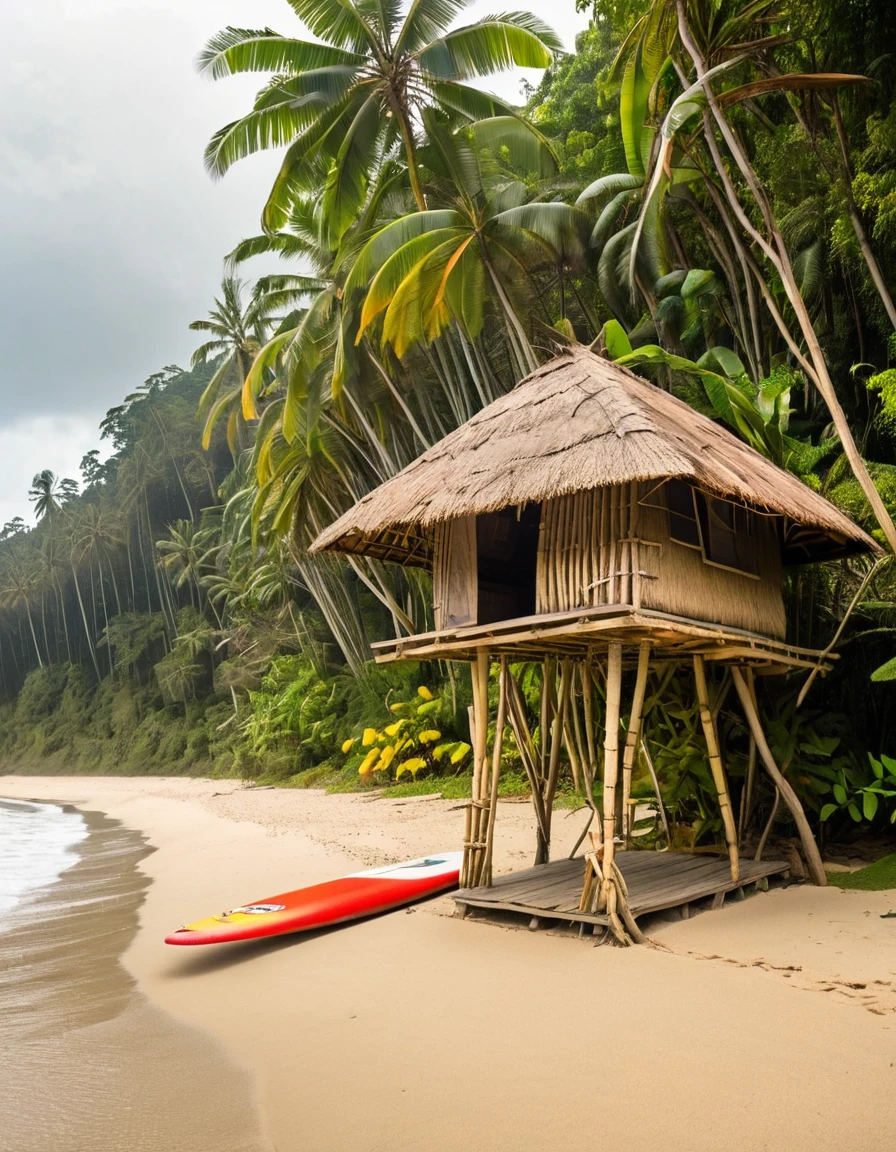 there is a hut on the beach with a surfboard on the shore, a picture by Tobias Stimmer, shutterstock, sumatraism, tribe huts in the jungle, tropical location, bamboo huts, jungle setting, malaysia jungle, tropical setting, tropical climate, at a tropical beach, colombian jungle, monsoon on tropical island, in a jungle environment