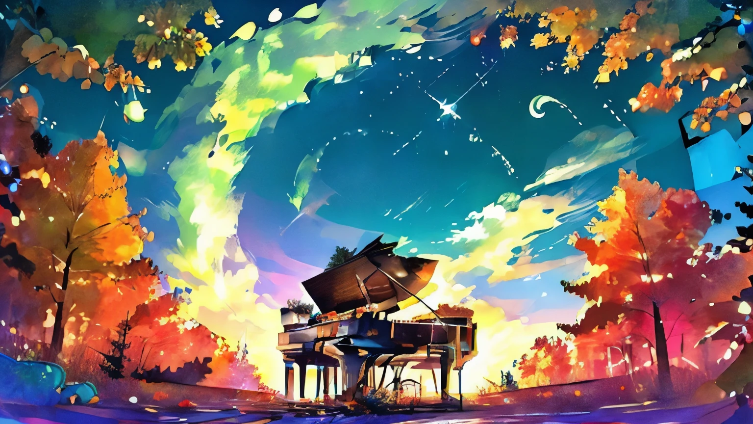 Starry Sky　in the forest　Bright Night　Piano placed　