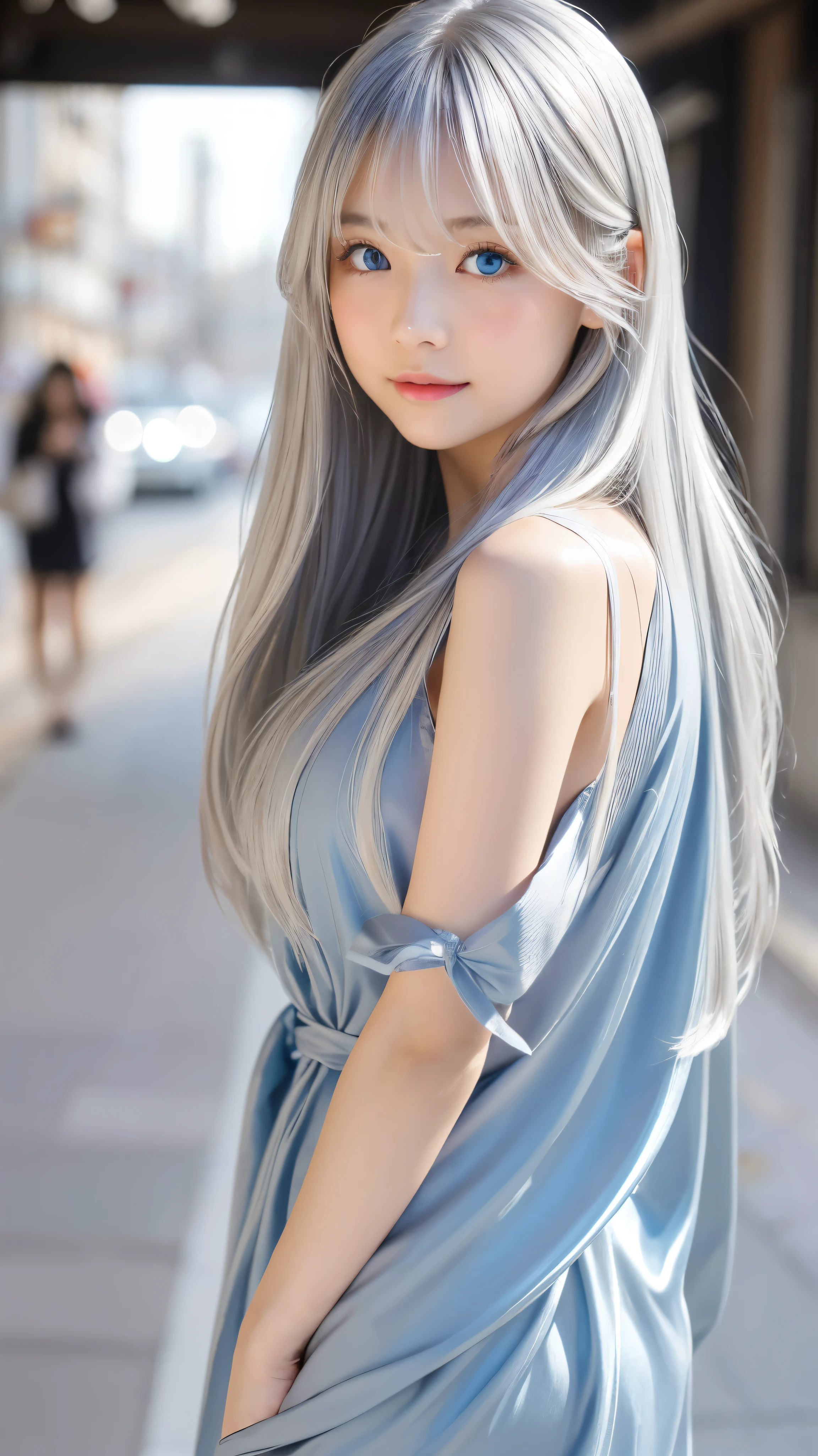 Shining, clear, white skin、Her windblown silver hair hides her beautiful face.、huge、Sexy beautiful face of 28 years old、Beautiful straight hair that stands out、growing up, Sparkling light blue eyes、Sexy long silky bangs covering the eyes, Sexy young woman with super long hair hiding her sexy face、Shining silver hair、(((Sexy Woman)))