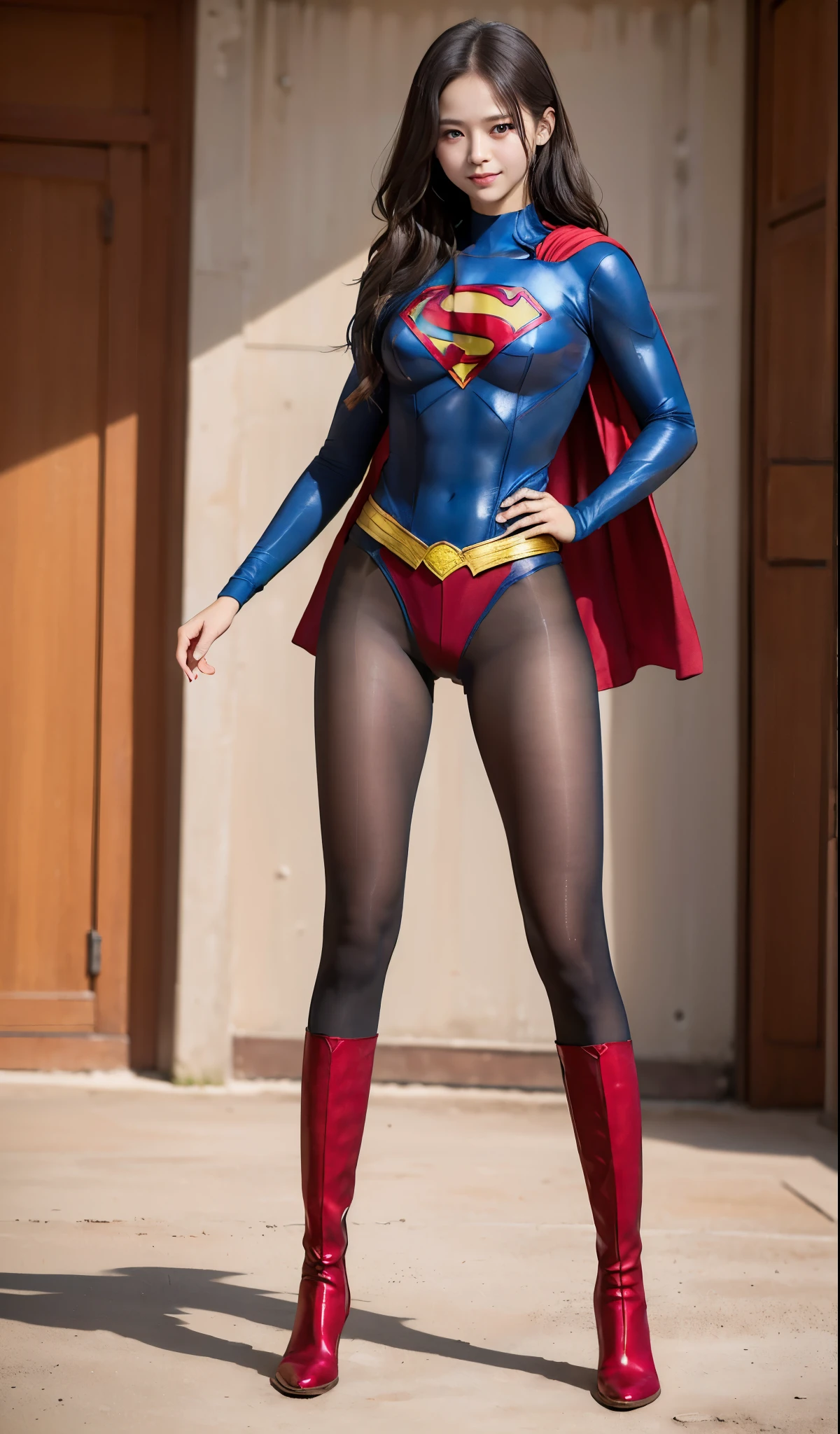 No background、(((Beautiful legs in black tights.)))、(((Legally express the beauty of your smile)))、((((Make the most of your original images)))、(((Supergirl Costume)))、(((Beautiful Hair)))、(((suffering)))、(((Please wear black tights....、Wear red boots)))、((Best image quality、8K))、((highest quality、8K、masterpiece:1.3))、(((Preserve background )))、Sharp focus:1.2、Beautiful woman with perfect figure:1.4、Thin abdominal muscles:1.2、Wet body:1.5、Highly detailed face and skin texture、8K