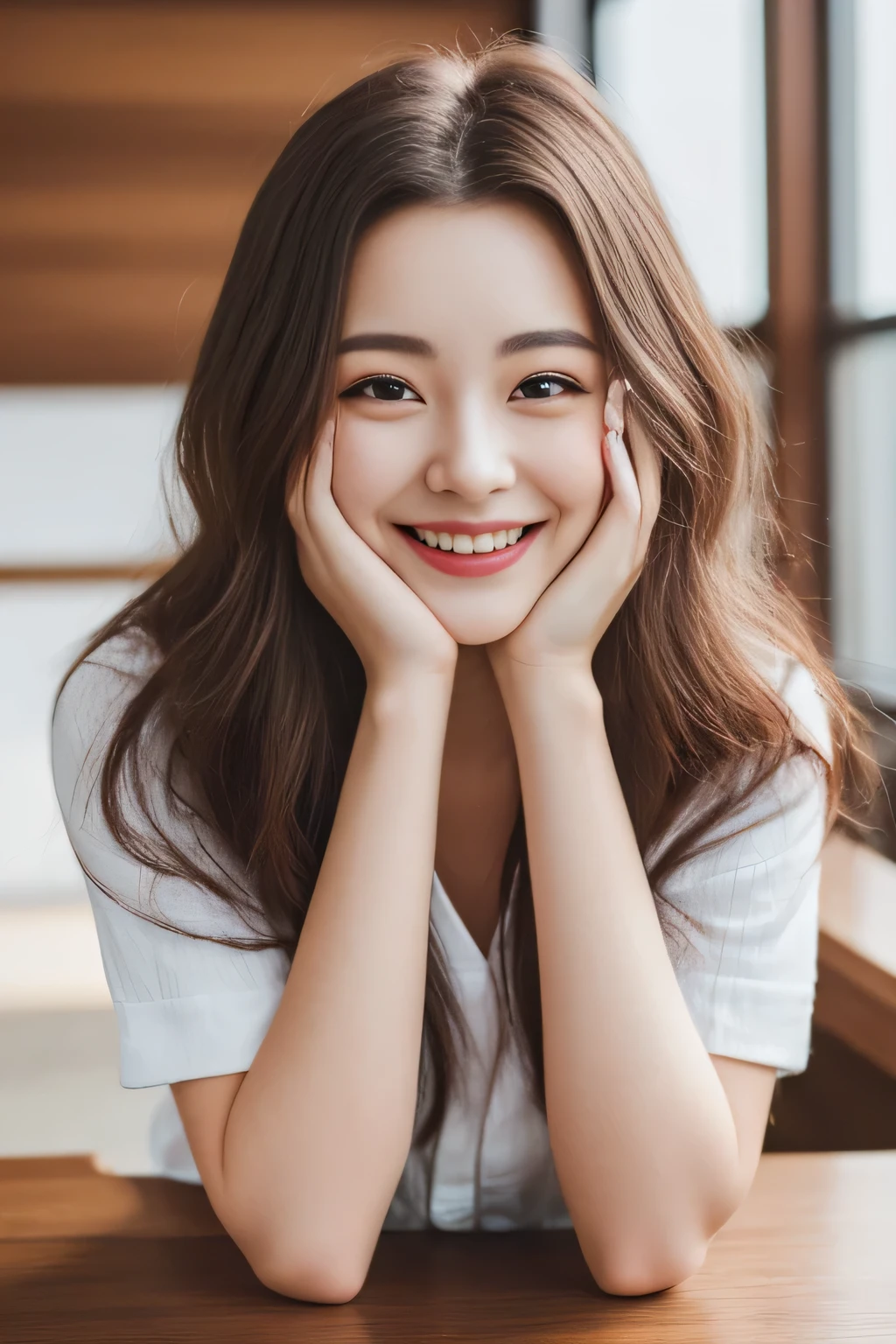 (8k, 超A high resolution, highest quality, Tabletop:1.2),(19 years old:1.2)、(Insincere laughter)、(avert your eyes)、8k resolution、Japanese girl's life々Beautiful portrait、Photorealistic、超A high resolution、highest quality、 (Big , Cleavage:1.2),(tank top and no bra :1.3)、(From below:1.2)、Sit on a chair、Arms crossed、、(High-end cafe:1.4) break (Natural skin texture、Detailed skin、Hyperrealism、Ultra Sharpness)、Intricate details、Depth of written boundary、Dim lighting、Korean Idol、Idol、hposing Gravure Idol、、Fashion model posing、great work、
