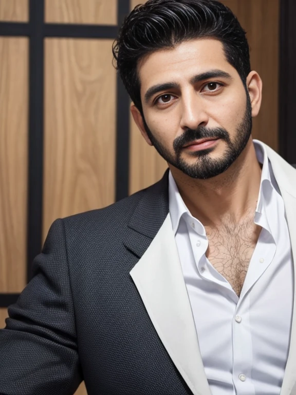 Lebanese man, ugly, short messy black hair with white strands, facial hair, lazy, 40 years old, suits, large nose