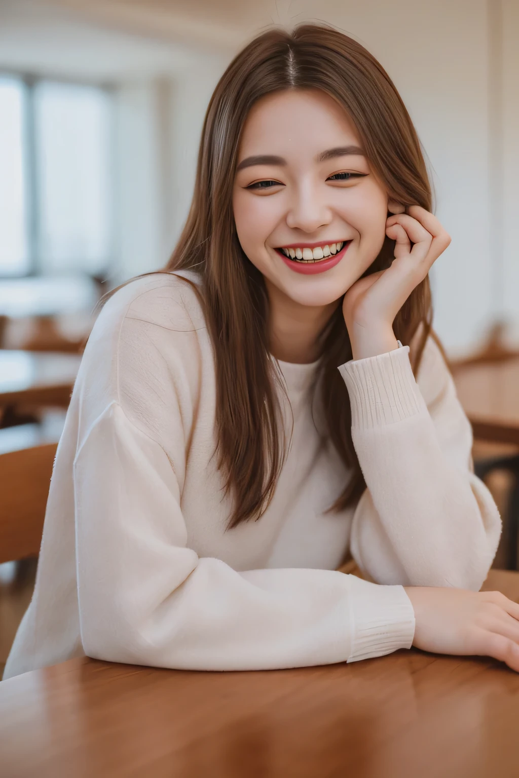 (8k, 超A high resolution, highest quality, Tabletop:1.2),(19 years old:1.2)、(Insincere laughter)、(avert your eyes)、8k resolution、Japanese girl's life々Beautiful portrait、Photorealistic、超A high resolution、highest quality、 (Big , Cleavage:1.2),(tank top and no bra :1.3)、(From below:1.2)、Sit on a chair、Arms crossed、、(High-end cafe:1.4) break (Natural skin texture、Detailed skin、Hyperrealism、Ultra Sharpness)、Intricate details、Depth of written boundary、Dim lighting、Korean Idol、Idol、hposing Gravure Idol、、Fashion model posing、great work、