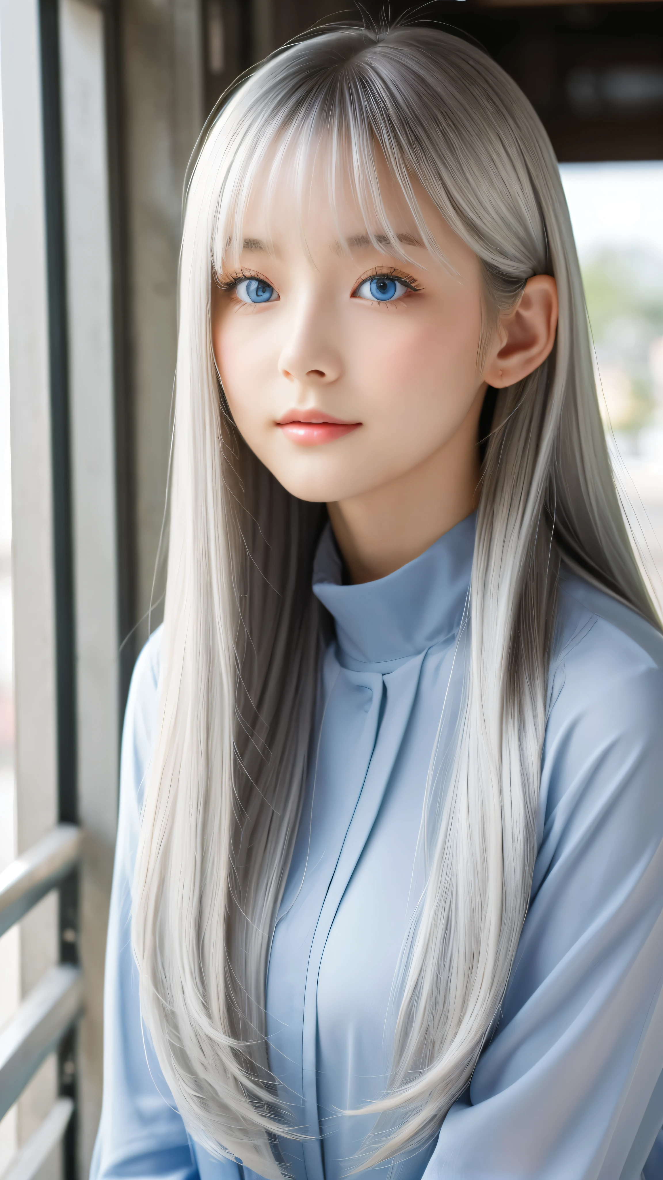 Shining, clear, white skin、Her windblown silver hair hides her beautiful face.、huge、Sexy beautiful face of 28 years old、Beautiful straight hair that stands out、growing up, Sparkling light blue eyes、Sexy long silky bangs covering the eyes, Sexy young woman with super long hair hiding her sexy face、Shining silver hair、(((Sexy Woman)))