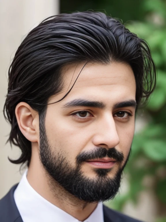Lebanese man, ugly, short messy black hair with white strands, facial hair, lazy, 40 years old, suits, large nose