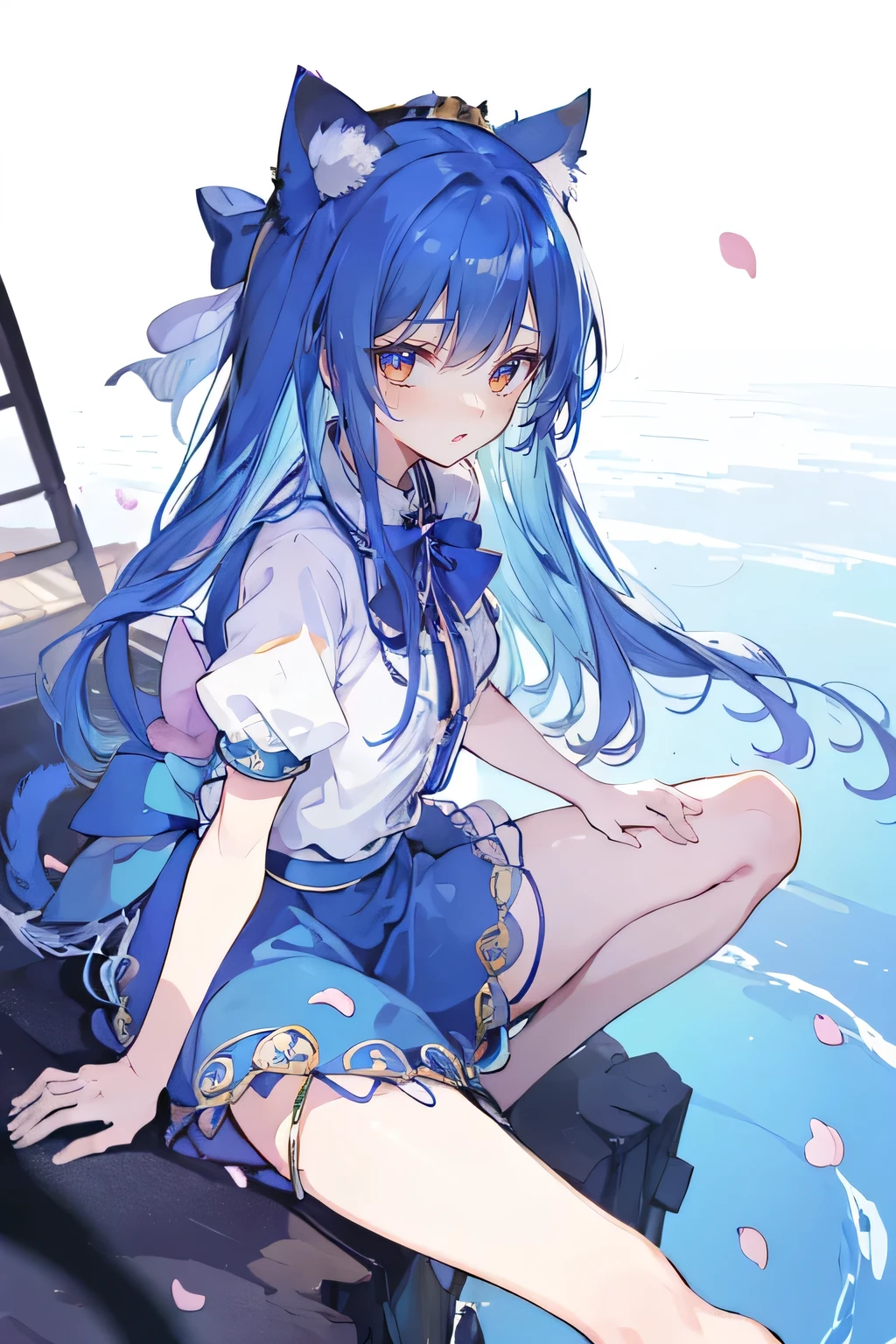 (masterpiece:1.2),ultra-detailed,realistic,expressive eyes,fair-skinned,perfectly shaped face,1girl,
Japanese cartoons,Gorgeous blue hair, flowing blue hair,floating clothes,cat ears,petals falling,beautiful Lola,Hina Angel,
hands on waist,gracefully sitting on the ground,legs crossed,gentle and serene background,cool and comfortable pavilion,smile.