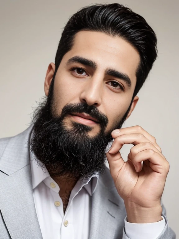 Lebanese man, ugly, short messy black hair with white strands, facial hair, lazy, 40 years old, suits, large nose