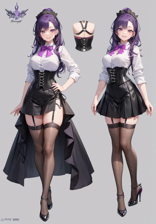 Purple hair,Long hair,Adult female,Bartender,((Body harness)),((Rolling up your sleeves shirt)),(Corset),(Tight skirt),Garter belt,High heels,((Simple background)),Smile,((Full body)),((whole body)),Character Sheet,