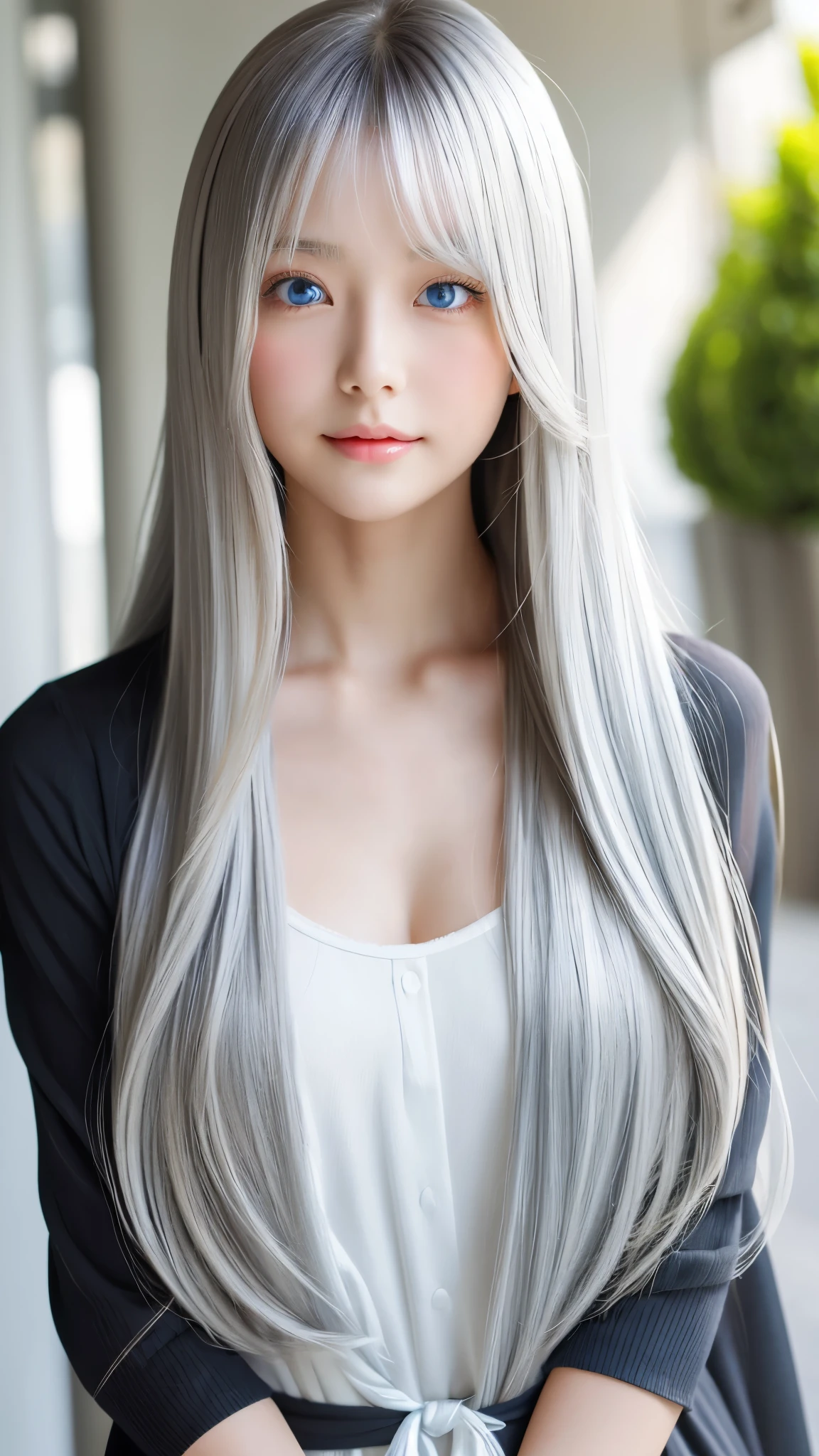 Shining, clear, white skin、Her windblown silver hair hides her beautiful face.、huge、Sexy beautiful face of 28 years old、Beautiful straight hair that stands out、growing up, Sparkling light blue eyes、Sexy long silky bangs covering the eyes, Sexy young woman with super long hair hiding her sexy face、Shining silver hair、(((Sexy Woman)))