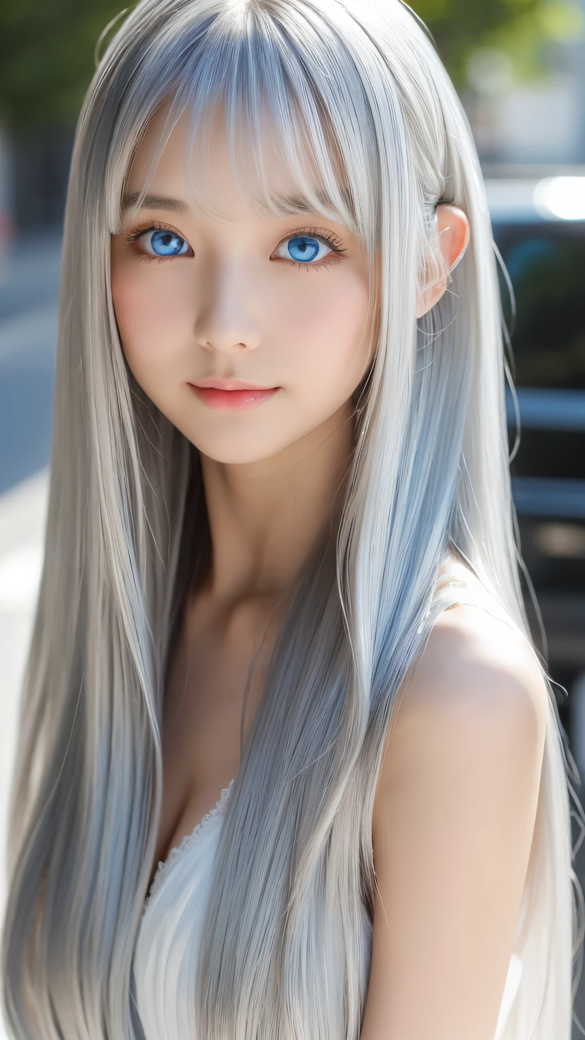 Shining, clear, white skin、Her windblown silver hair hides her beautiful face.、huge、Sexy beautiful face of 28 years old、Beautiful straight hair that stands out、growing up, Sparkling light blue eyes、Sexy long silky bangs covering the eyes, Sexy young woman with super long hair hiding her sexy face、Shining silver hair、(((Sexy Woman)))