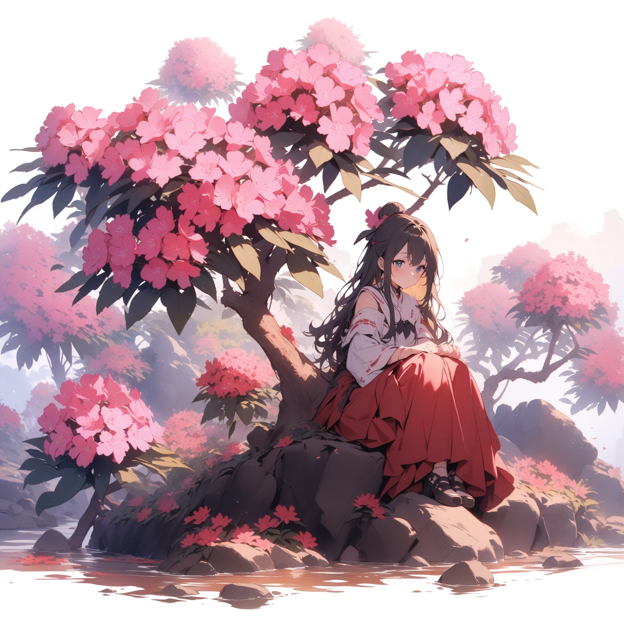 A girl with three-leafed rhododendron, Rhododendron dilatatum, diamond-shaped leaves, a girl with a simple life, on a rocky ridge, "temperance", "restrained life", (masterpiece), (ultra-detailed), (perfect anatomy), anime watercolor