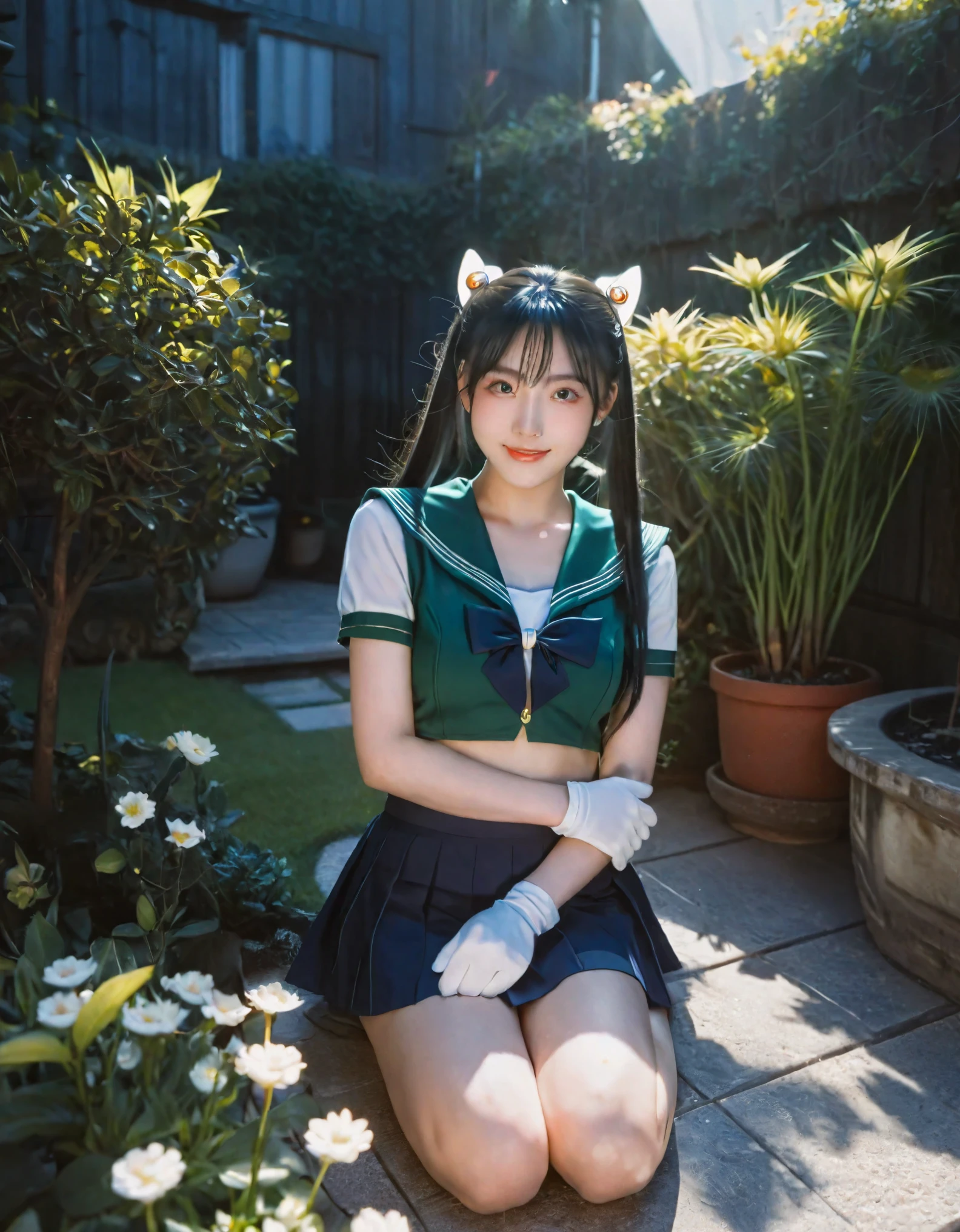Create an 8K resolution CG wallpaper using Unity, focusing on exquisite light and shadow effects with a very dramatic picture style, reminiscent of movie lens effects. The subject is a character inspired by Sailor Moon, featuring 1.4x the facial details with charming smile and star-like eyes. Her hair is a unique dark green, and she’s dressed in a tight top, white gloves, and a mini skirt. The character is captured in a dynamic pose, lying in a garden setting brimming with flowers. The background should be rich in details, illuminated with excellent lighting, and viewed through a wide-angle lens. 