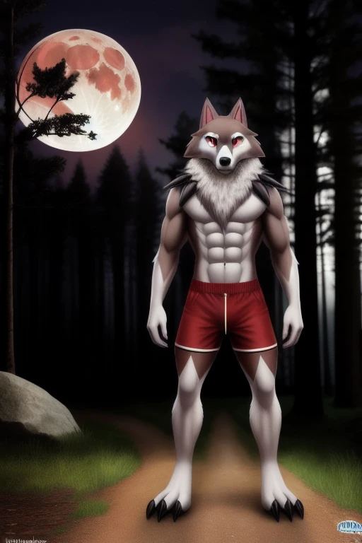 (artwork), photo of a real life, detailed eyes, MidnightLycanroc, feral, pokemon, fur, tuft, red eyes, full body, red moon, volumetric lighting, in forest, full body, wolf, wear shorts, abs
