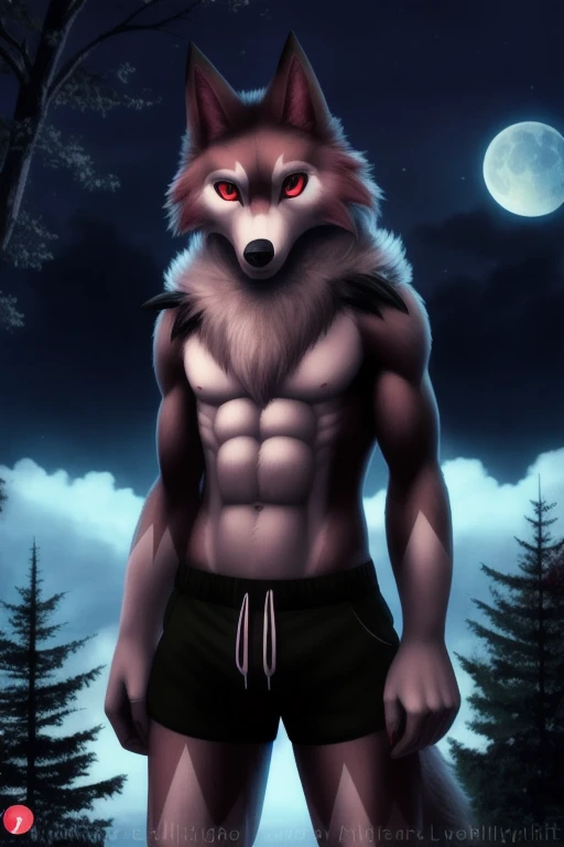 (artwork), photo of a real life, detailed eyes, MidnightLycanroc, feral, pokemon, fur, tuft, red eyes, full body, red moon, volumetric lighting, in forest, full body, wolf, wear shorts, abs
