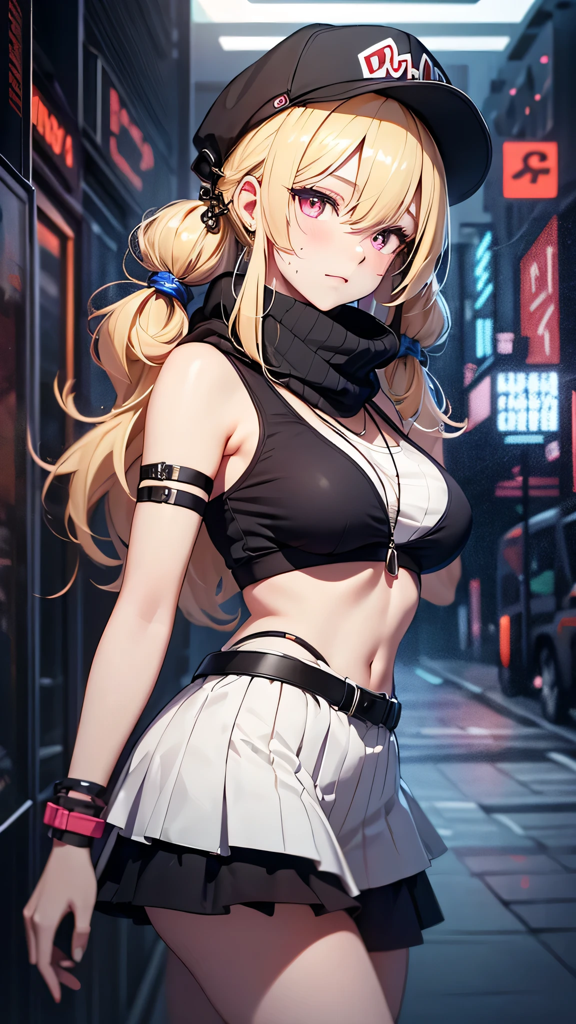 最high quality、Best image quality、masterpiece、girl((18-year-old、 By becoming、Best Bust、Medium Bust,Wide open breast tea、Red glowing eyes,Blonde、Disheveled Hair、Twin tails、thin,The highest valley、Open chest、Luminous Wristbands、hat、hair ornaments、luminous necklace、Black sleeveless hoodie(1:2)、Blue short skirt、Disheveled clothing、Show the whole body,Low - Angle、Hacker-like、sweating、lure、Black cute mask、Leaning against a wall、Black scarf、Have a smartphone、)),high quality、Beautiful art、background((Black Room、Black Wall、Black furniture、Big black TV、Black PC))、Flight、Flying debris、Written boundary depth、movie、Visual Arts、Perfect art、8K,Genuine,