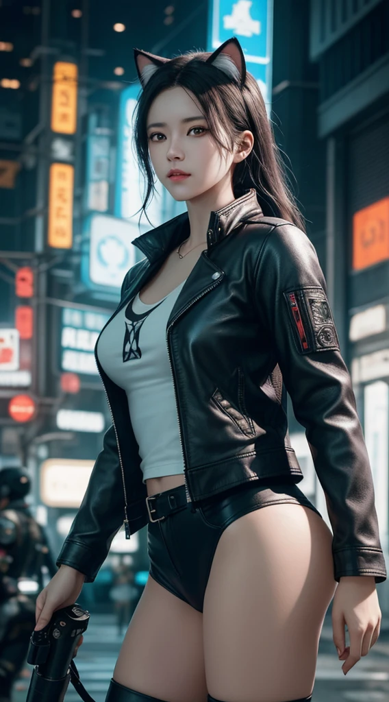 Beautiful photograph of Reika Shimohira as a Nekomata catgirl, slender body, slender hips, big breasts, wearing full ((heavy cyberpunk armor)) with neon trim, ((leather tech jacket)), cat ears, cat tail, science fiction, cyberpunk city in the background, Gantz, In the Style of Cyberpunk 2077, Ultra realistic photo, masterpiece, best quality, CG, wallpaper, HDR, high quality, high-definition, extremely detailed, {beautiful detailed face}, {beautiful detailed eyes}, (detailed light){{intricate detail}}, {highres}, ((detailed face)), neon light, chiaroscuro, key visual, intricate detail, highly detailed, breathtaking, vibrant, cinematic