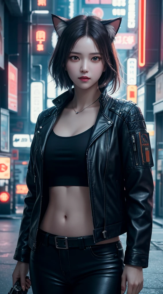 Beautiful photograph of Reika Shimohira as a Nekomata catgirl, slender body, slender hips, big breasts, wearing full ((heavy cyberpunk armor)) with neon trim, ((leather tech jacket)), cat ears, cat tail, science fiction, cyberpunk city in the background, Gantz, In the Style of Cyberpunk 2077, Ultra realistic photo, masterpiece, best quality, CG, wallpaper, HDR, high quality, high-definition, extremely detailed, {beautiful detailed face}, {beautiful detailed eyes}, (detailed light){{intricate detail}}, {highres}, ((detailed face)), neon light, chiaroscuro, key visual, intricate detail, highly detailed, breathtaking, vibrant, cinematic