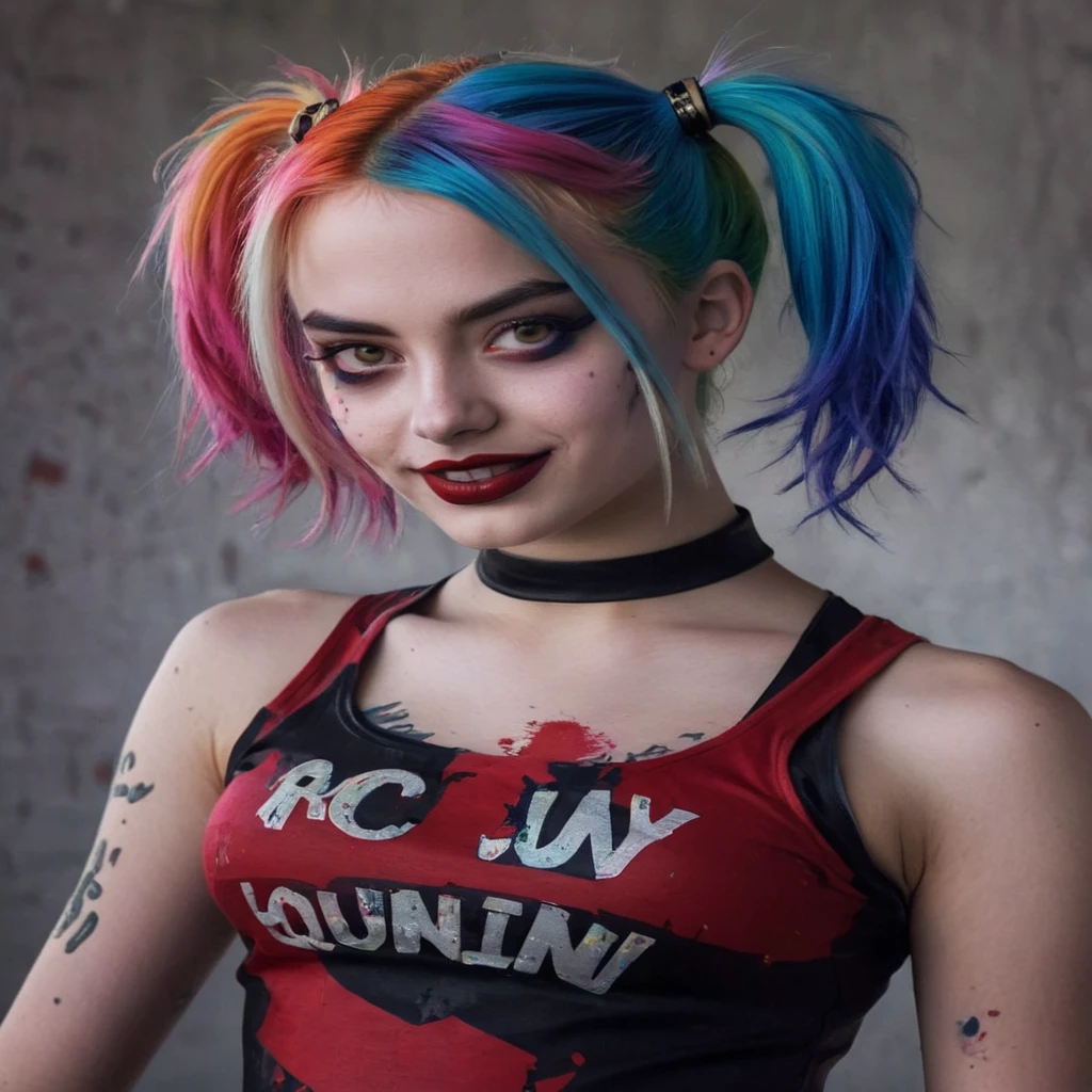 a close up of a ager with colorful hair and a black top, portrait of harley quinn,