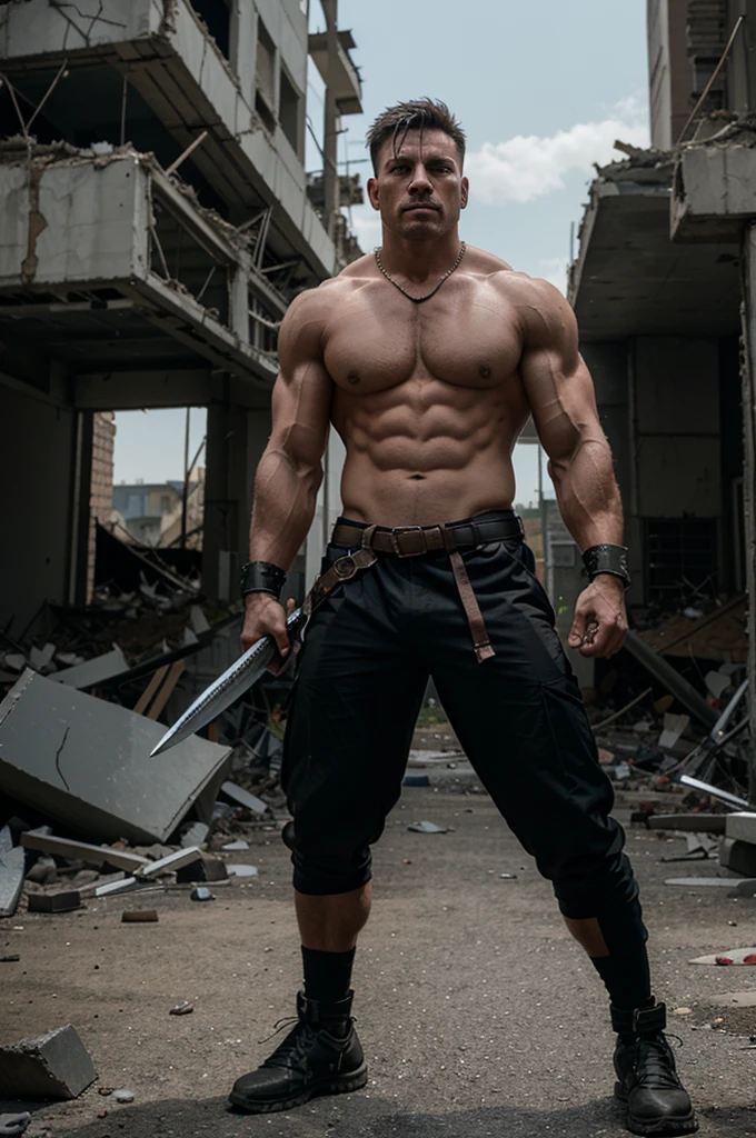 "A muscular warrior wearing machinery attire, holding a long sword in one hand amidst a battlefield, with shattered buildings in the background."