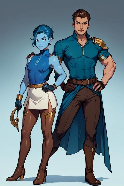 male, teal short slicked back hair, blue eyes, (((1boy))), (((blue skin tight shirt))), (brown gloves), (brown boots), (white pants), (gold shoulder guards), (white half skirt with blue trim), handsome, long legs, muscular, chest exposed, holding trident