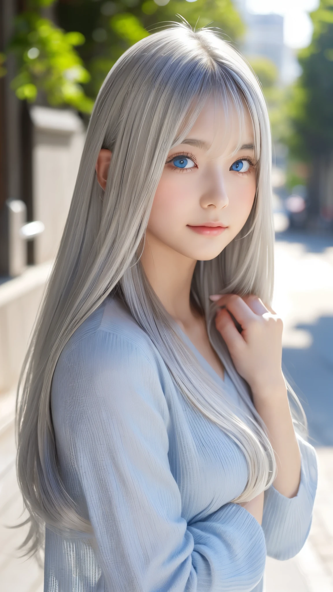 Shining, clear, white skin、Her windblown silver hair hides her beautiful face.、huge、Sexy beautiful face of 28 years old、Beautiful straight hair that stands out、growing up, Sparkling light blue eyes、Sexy long silky bangs covering the eyes, Sexy young woman with super long hair hiding her sexy face、Shining silver hair、(((Sexy Woman)))