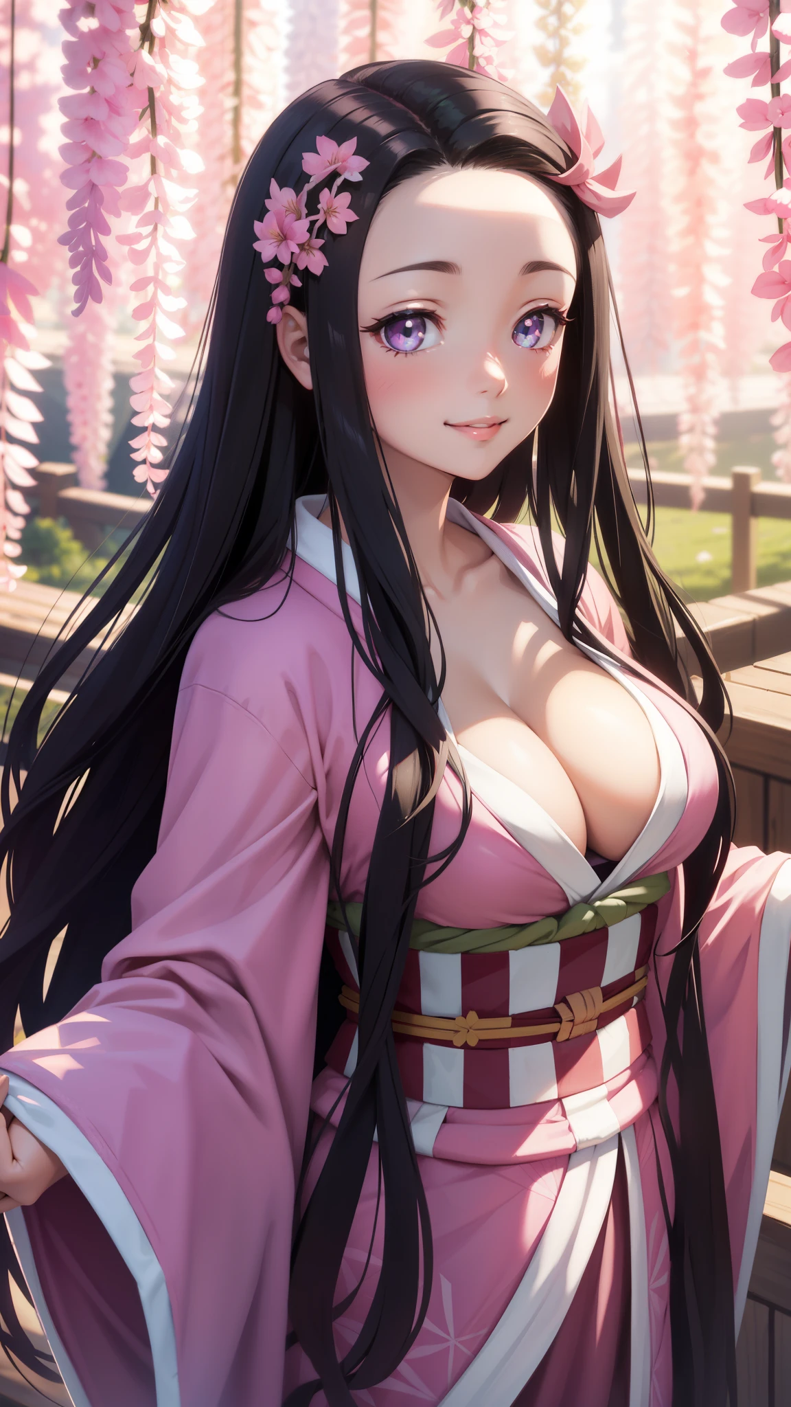 nude, Youghal, (Mature,  bangs, side lock, red eyes, black hair, hair ornaments, Popping milk 3),girl portrait, (face:1.2), Female student, 笑face,bare shoulders, black hair, Cherry Blossom), willow branches, (Masterpiece of the highest quality :1.2),  NSFW