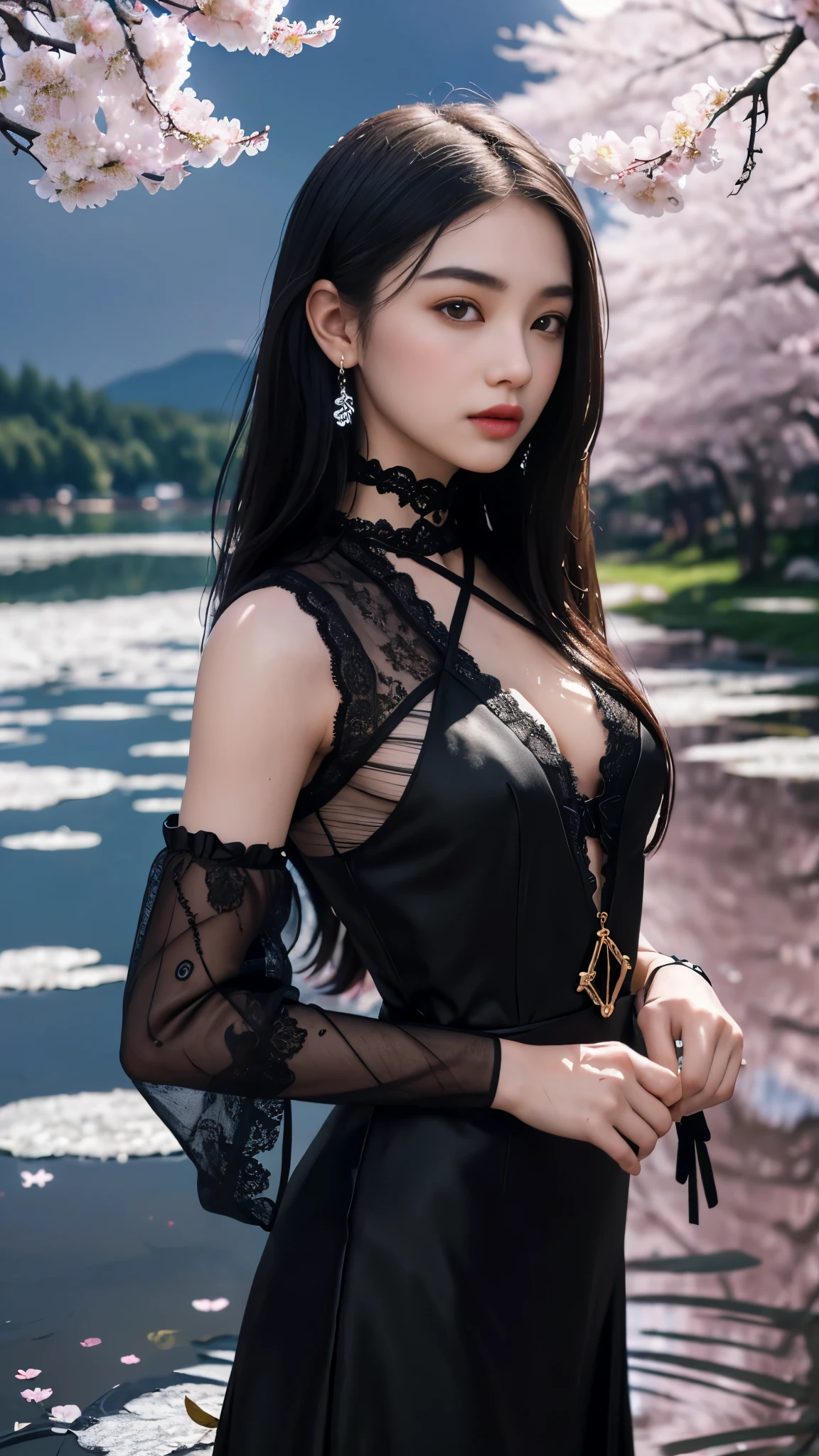 best quality、masterpiece、ultra high resolution、actual、1 girl、Glossy skin、((Surreal detailed))、Global photo、8K、Highly complex details、shinning eyes、Black straight hair、slender body、plump breasts、highkey、pureerosfaceace_v1、A smile、Elegant pose、Red  lace dress、Beautiful woman standing on the balcony of the castle