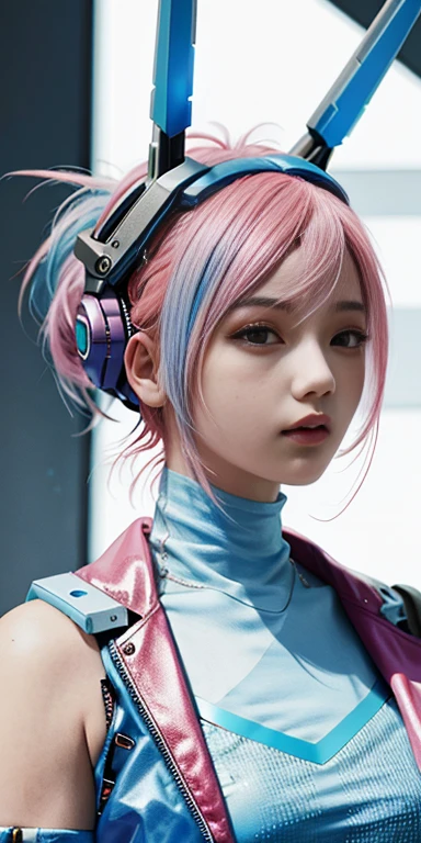 Pink hair, blue skin, antennas on head, cyberpunk style