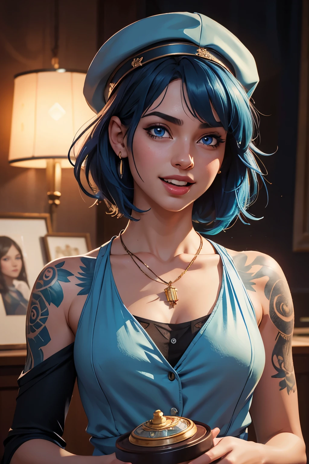 Masterpiece, best quality, high quality, very detailed CG uniform 8k wallpaper, 1girl, solo, blue hair, tattoo, short hair, hat, jewelry, smile, necklace, looking at the audience, hat, realistic, open mouth, teeth, upper body, vest, nose, bare shoulders, artist name, black tiara, collarbone, arm tattoo, blue eyes, lips, blur, oil painting, award winning photography, bokeh, depth of field, HDR, bloom, chromatic aberration, realism, very detailed, artstation Intricate, High Detail, dramatic, art by midjourney