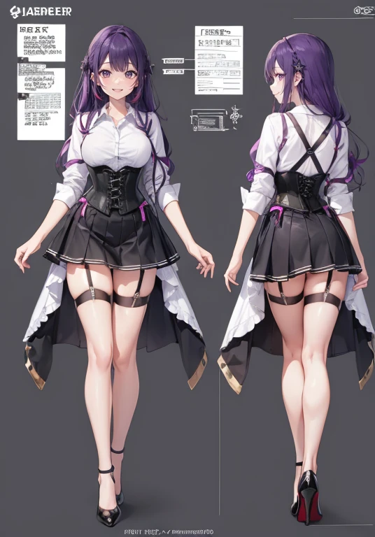 Purple hair,Long hair,Adult female,Bartender,((Body harness)),((Rolling up your sleeves shirt)),(Corset),(Tight skirt),Garter belt,High heels,((Simple background)),Smile,((Full body)),((whole body)),Character Sheet,