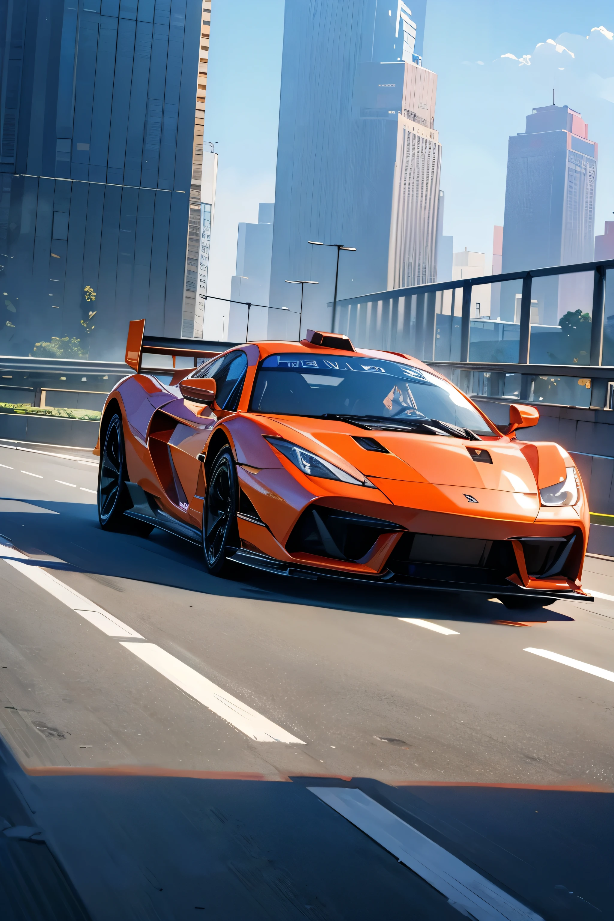 Super bright and modern metallic-vermillion racing car is running on the expressway,
City of high transportation technology complex, skyscrapers , and towers,
Good green environmental atmosphere,
Morning sunlight with blue sky and white cloud