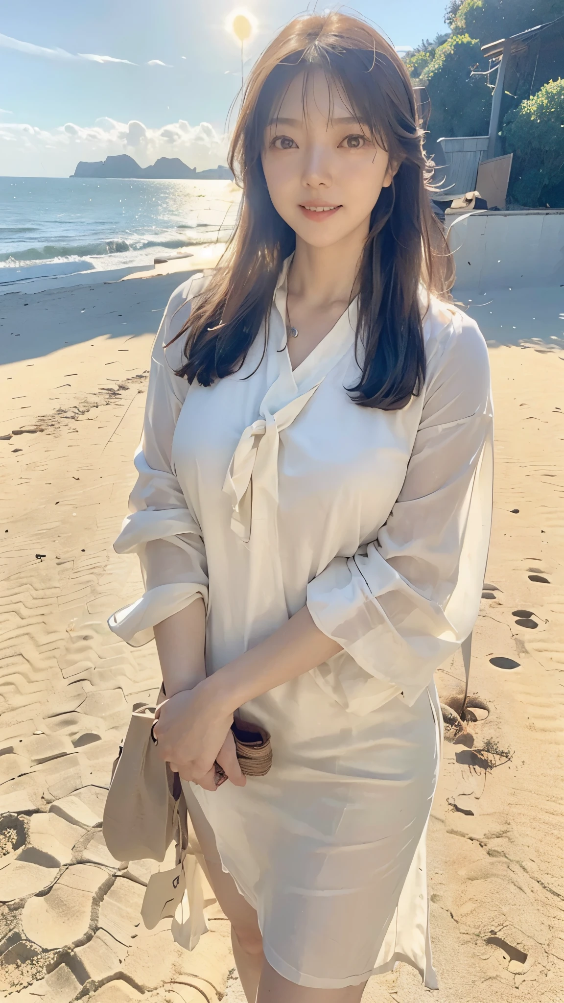 ((Top Quality)), ((8K)), ((Masterpiece: 1.3)), (Perfect Appearance), (Photorealism: 1.6), (Japanese woman walking on the beach with the sunset in the background: 1.4), (sandy beach at sunset), (The sea dyed red by the sunset), (The setting sun is dazzling), (Backlit), (Mont Saint Michel can be seen in the background: 1.2), japanese woman, (48 years old), (back view: 1.2), (turn around), ((Standing upright, facing forward, center of screen)), ((Realistic skin texture)), (Fine wrinkles throughout the skin: 1.3), (Dull skin: 1.1), (Skin without moisture: 1.2) , (Wrinkles on the face: 0.9), (Wrinkles on the corners of the eyes: 1.2), Double eyelids, tear bags on the lower eyelids, (Crying moles: 0.9), The eyes are looking here, serious gaze, (Dimples: 1.2), smile with the corners of the mouth raised wide, straight medium length, hair fluttering in the wind, soft fabric blouse, (transparent blouse: 1.3), (Plump and glamorous body), (wide sleeves), (Cuffs that fit your wrist), (The hem of the blouse is tucked into the skirt: 1.2), (long skirt: 1.2), (Bare feet wet with seawater), (whole body: 1.3), (Angle from feet: 1.2),