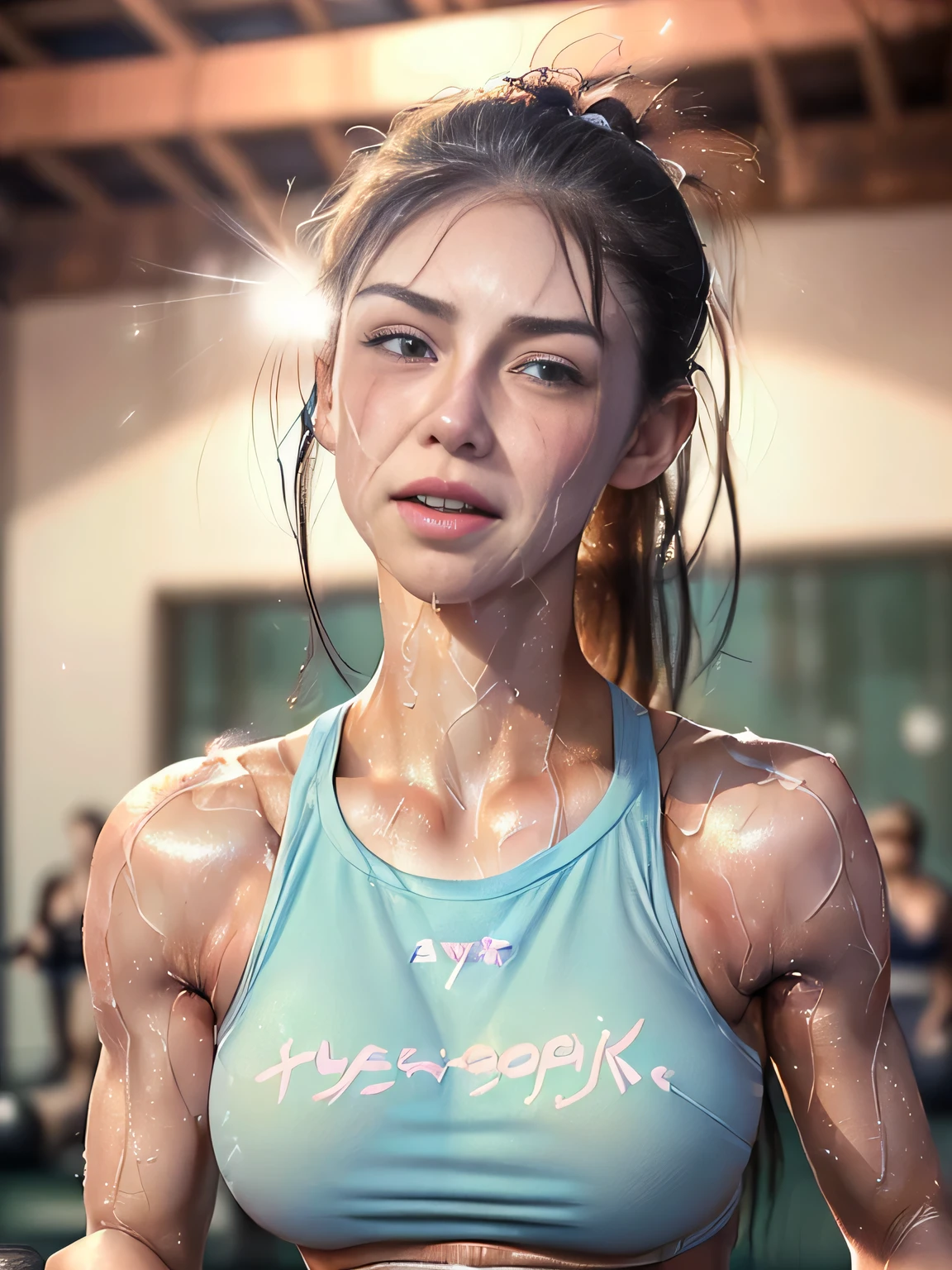 ((Hyper-Realistic Gym Scene: 1.5)), ((Sweat-Drenched Sports Photograph: 1.3)), Pretty 20-year-old girl, 1 person, ((Athletic Ability: 1.4)), ((Ideal Body: 1.3)), ((Attractive Gaze: 1.5)), ((Shining Brightly: 1.4)), ((Soft and Attractive: 1.2)), ((Innocent Look: 1.3)), ((Sweet and Warm: 1.5)), ((Positive Energy: 1.5)),nude