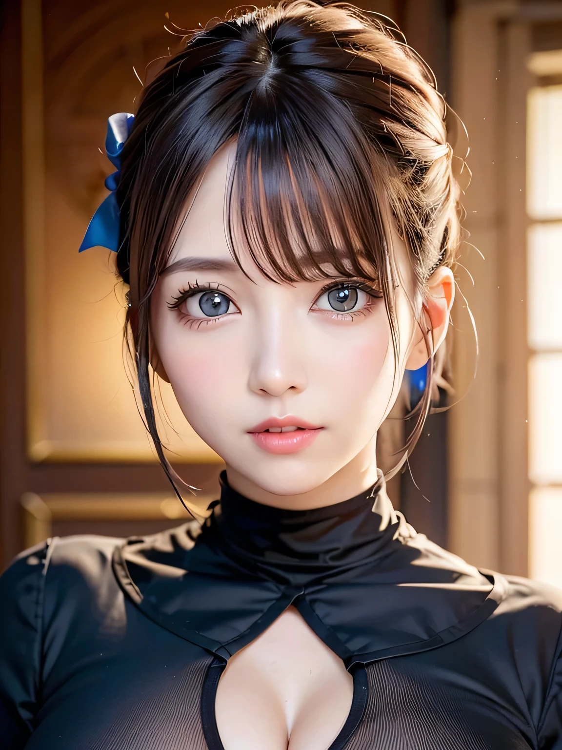 (Top quality professional photo production), Real Live Action, 8K images, masterpiece, Shiny black hair, (Blue high neck shirt:1.3), Simple shirt, Accentuates body lines, (She has a red ribbon on her chest.), short hair, (Her hair is fluttering and bouncing behind her), Great beauty, Cute Japanese Woman, Quite large breasts, Seductive body lines, Beautiful brown eyes, (Quite large breasts), Too large sagging breasts, (Beautiful woman), delicate and beautiful big eyes, Cute face,