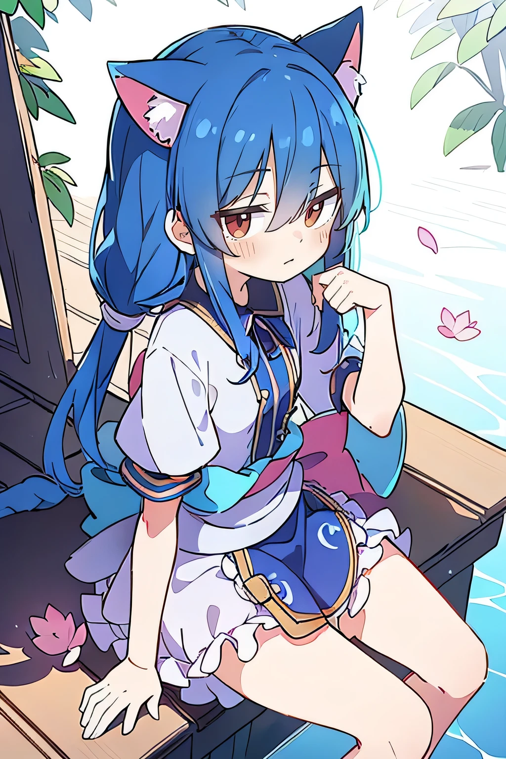 (masterpiece:1.2),ultra-detailed,realistic,expressive eyes,fair-skinned,perfectly shaped face,1girl,
Japanese cartoons,Gorgeous blue hair, flowing blue hair,floating clothes,cat ears,petals falling,beautiful Lola,Hina Angel,
hands on waist,gracefully sitting on the ground,legs crossed,gentle and serene background,cool and comfortable pavilion,smile.