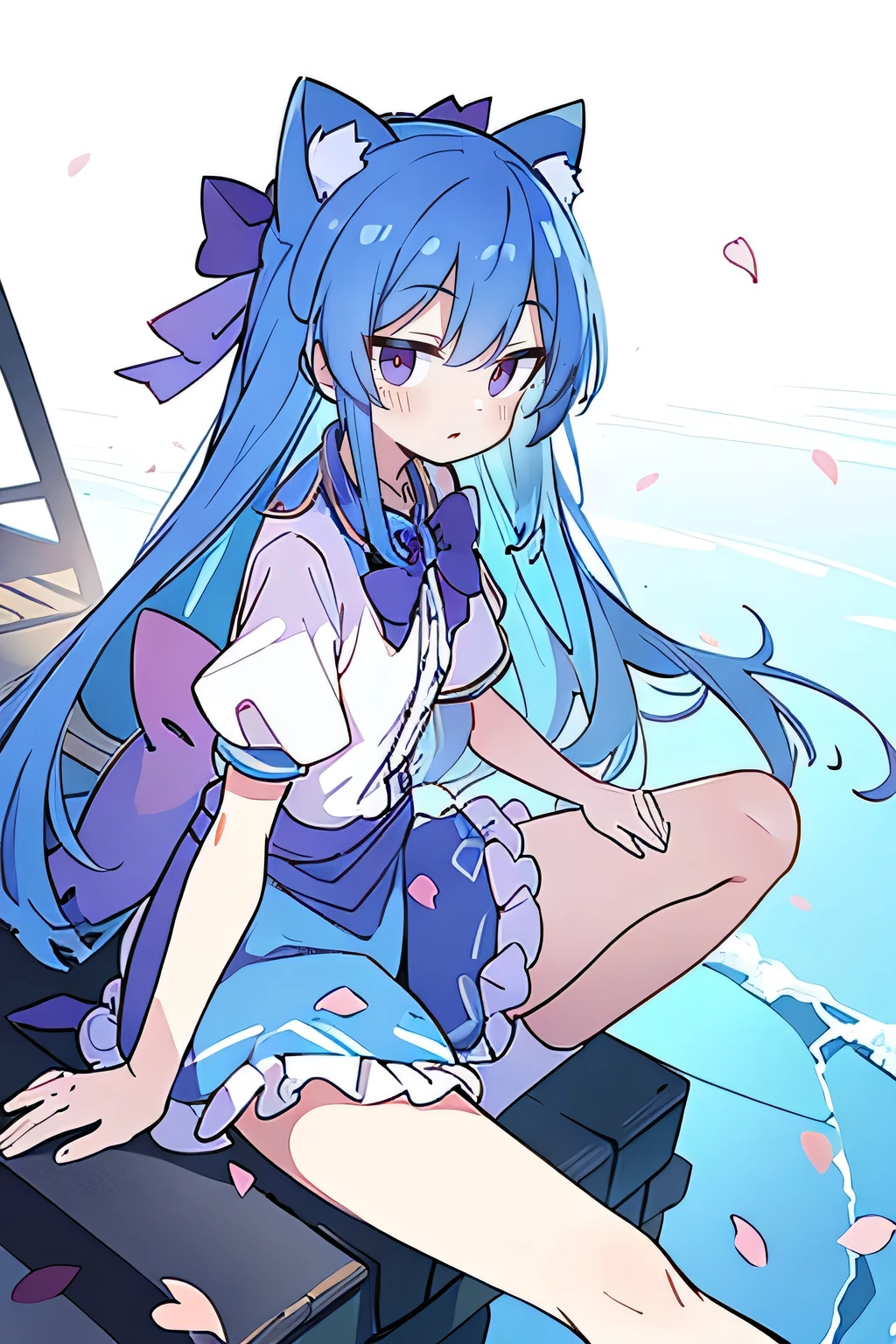 (masterpiece:1.2),ultra-detailed,realistic,expressive eyes,fair-skinned,perfectly shaped face,1girl,
Japanese cartoons,Gorgeous blue hair, flowing blue hair,floating clothes,cat ears,petals falling,beautiful Lola,Hina Angel,
hands on waist,gracefully sitting on the ground,legs crossed,gentle and serene background,cool and comfortable pavilion,smile.