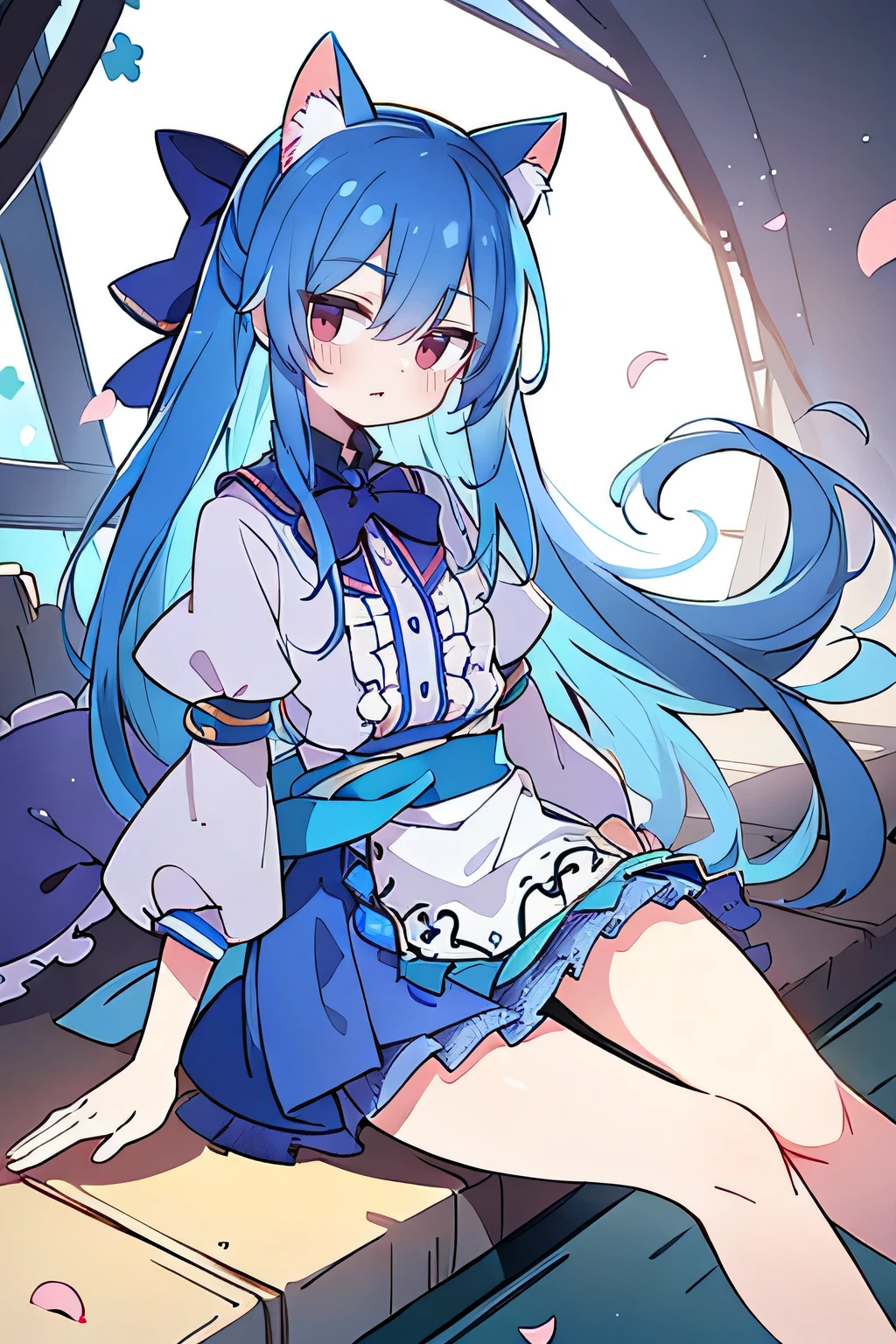 (masterpiece:1.2),ultra-detailed,realistic,expressive eyes,fair-skinned,perfectly shaped face,1girl,
Japanese cartoons,Gorgeous blue hair, flowing blue hair,floating clothes,cat ears,petals falling,beautiful Lola,Hina Angel,
hands on waist,gracefully sitting on the ground,legs crossed,gentle and serene background,cool and comfortable pavilion,smile.