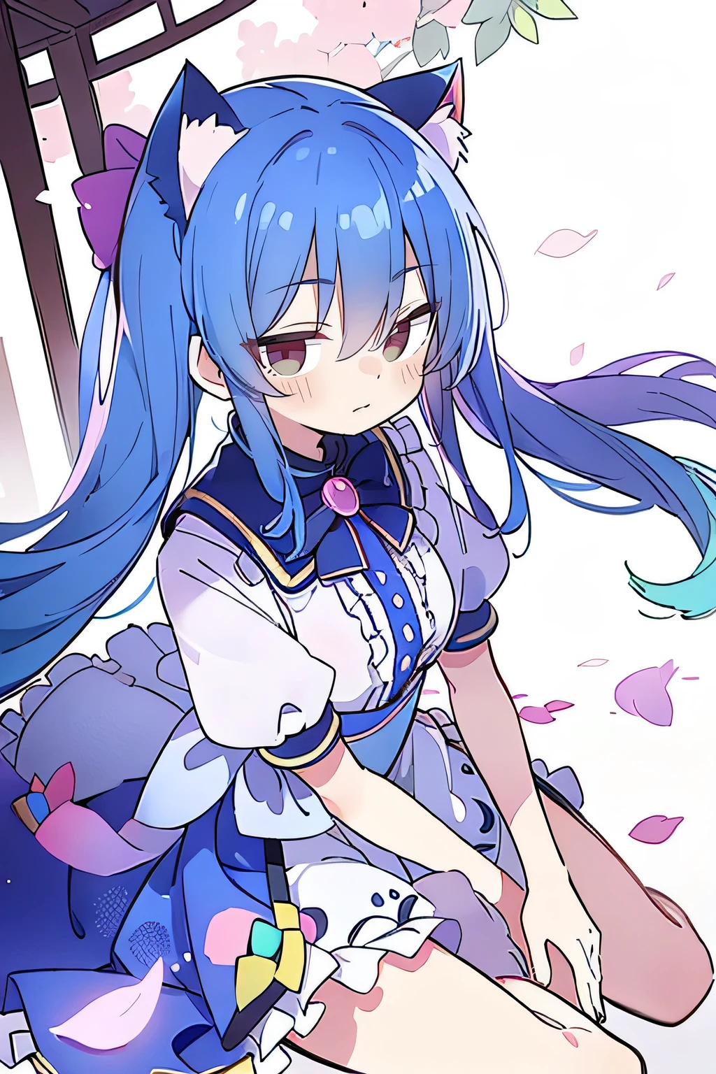(masterpiece:1.2),ultra-detailed,realistic,expressive eyes,fair-skinned,perfectly shaped face,1girl,
Japanese cartoons,Gorgeous blue hair, flowing blue hair,floating clothes,cat ears,petals falling,beautiful Lola,Hina Angel,
hands on waist,gracefully sitting on the ground,legs crossed,gentle and serene background,cool and comfortable pavilion,smile.