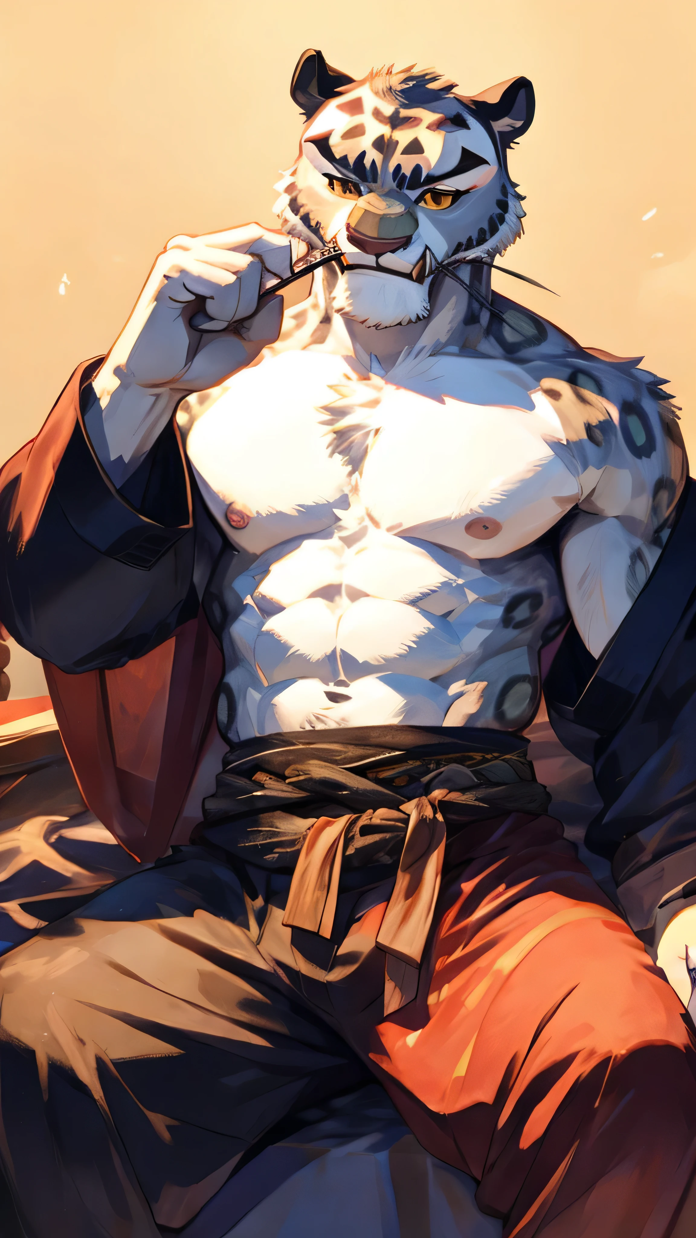 Tai Lung from Kung Fu Panda
6 ft tall, snow leopard, furry, full furry body, shirtless, blue violet ancient china pants, abs.
Sleeping on a wooden Chinese style bed
40 years old handsome face