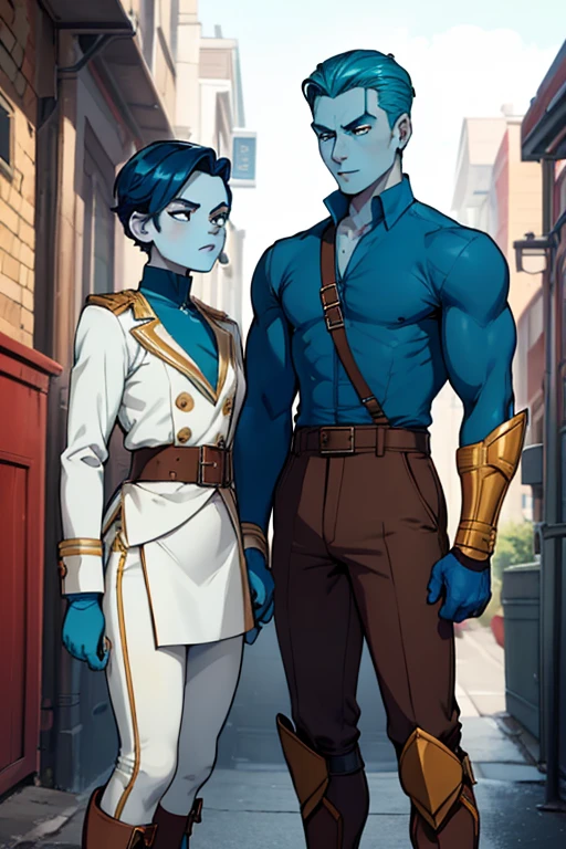 male, teal short slicked back hair, blue eyes, (((1boy))), (((blue skin tight shirt))), (brown gloves), (brown boots), (white pants), (gold shoulder guards), (white half skirt with blue trim), handsome, long legs, muscular, chest exposed, holding trident