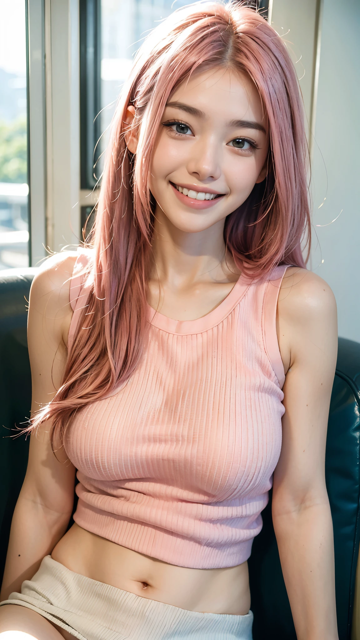 highest quality, masterpiece, Ultra-high resolution, (Realistic:1.4), (Close-up portrait) RAW Photos, 1 girl,20-year-old,White T-shirt,No bra,((Smiling with teeth showing)),((Big smile)),((Inside the Shinkansen)),((Sleeveless ribbed knit ensemble)),(( Passionate pink haired girl&#39;Makeup)),Messy Hair,((Cap Chestnut)),((Short bangs)),Realistic,Image Media Chest)),