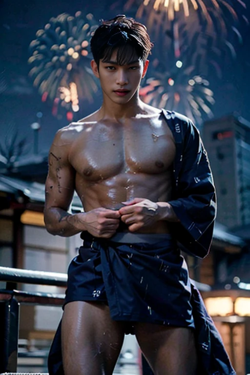 top-quality、​masterpiece、超A high resolution、(realisitic:1.4)、Detailed face、solo、１human male、Dark hair、glistning skin、dense skin、(asian human)、architectural、(absurderes、hight resolution、ultra-detailliert)、、1 male、Adultan's, 23 years old)、a handsome、tall muscular man、broad shoulder、extra very short hair、angular jaws、thick neck、thick eyebrow、extra very short hair、A dark-haired、fine eyes and detailed face、 Highly detailed CG Unity 8K wallpapers、intricate-detail、(Style Swirl Magic:0.7)、looking at the spectator、solo、(full body Esbian:0.6)、Detailed background、A detailed face、dynamicposes、、Urban background、dynamic compositions、 big muscle、、((((Crotch bulge))))、a handsome、 ((masutepiece:1.4, Best Quality)), ((masutepiece, Best Quality)), (photographrealistic:1.4)、(((Fireworks Festival)))、 Pubic hair, Open legs, ,  Abs, ((Erection 1.2)), (Moccoli: 1.4),  Sweating, (He is wet, Wet 1.2),, (Slipping micro thong , Wet and beautiful 1.4)), Blood vessels in the arm、、Chinese Bishonen、(Stroll through the city of fireworks displays:1.2), food stand, (Dark blue sexy silk yukata:1.3),   Smile, red blush,（the perfect body：1.1）、（shorth hair：1.2）、FULL BODYSHOT,（Very elaborate CG 8K wallpapers）、（extremely delicate and beautiful）、（​masterpiece）、（top-quality）:1.0)、(超A high resolution:1.0)、[hight resolution]、detailed skins、ultra-detailliert ((colourfull)), male people、Japan men、Vermilion band, puffy nipples , swollen nipples , phat nipples , sexy , eroticism, NSFW , gay focus