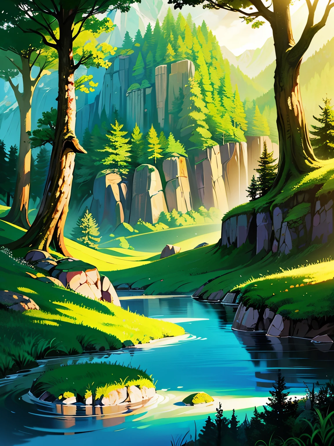 There is no one、There are a few animals、((Nobody is here))、((A natural landscape without any man-made objects))、((In the Swiss forest with rocky peaks in the distance))、There is no way、There are no buildings、Untamed Nature、High quality、Detailed