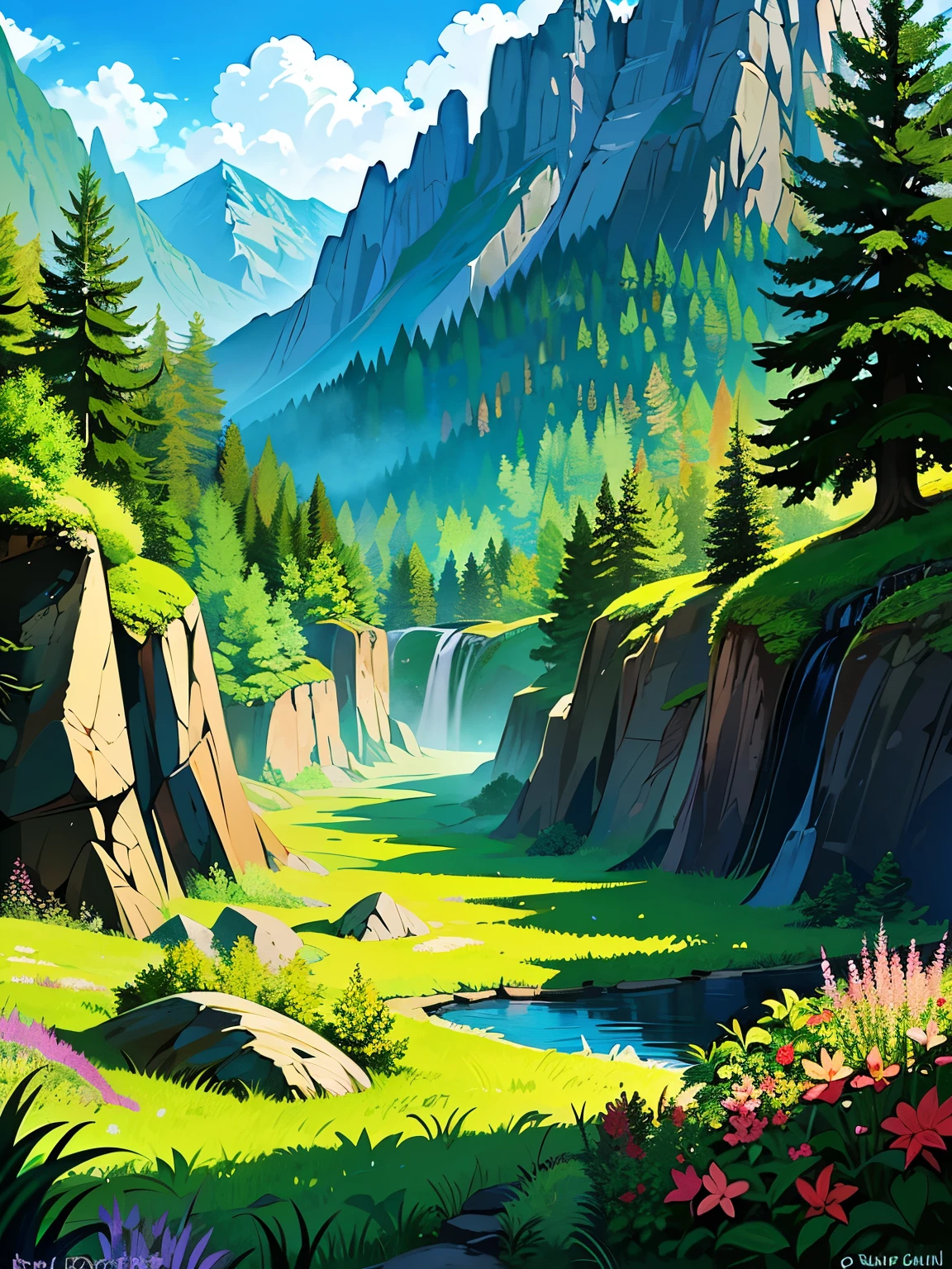 There is no one、There are a few animals、((Nobody is here))、((A natural landscape without any man-made objects))、((In the Swiss forest with rocky peaks in the distance))、There is no way、There are no buildings、Untamed Nature、High quality、Detailed