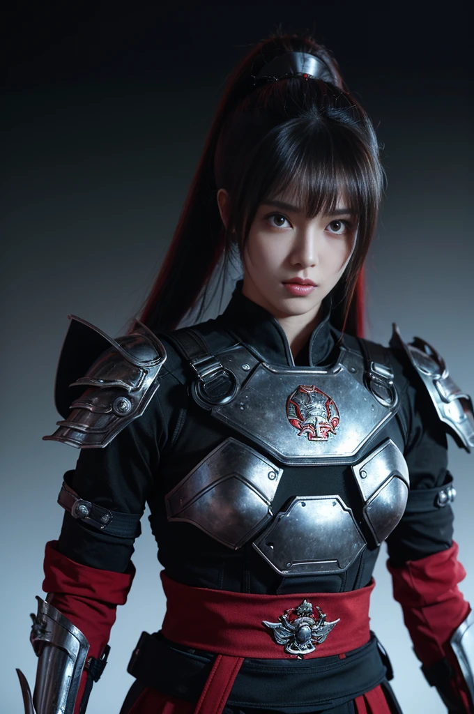 tmasterpiece,Best quality at best,A high resolution,8K,(portrait),(Close up of avatar),(RAW photogr),real photograph,(Costumes that combine fantasy and science fiction styles),digital photography,teens girl,18yo Girl,long ponytail hairstyle,through bangs,Beautiful white and red gradient hair,Red eyes,iintricate,elegant and charming,The content is very detailed,Simple accessories,Metal armor,black sash,Clothing that combines technology and ancient style,Crop topping,Hollow armor design,Combat uniforms,Shoulder pads,cyber punk personage,binh,Photo pose,stately,metalictexture,oc render reflection texture,Gray street background