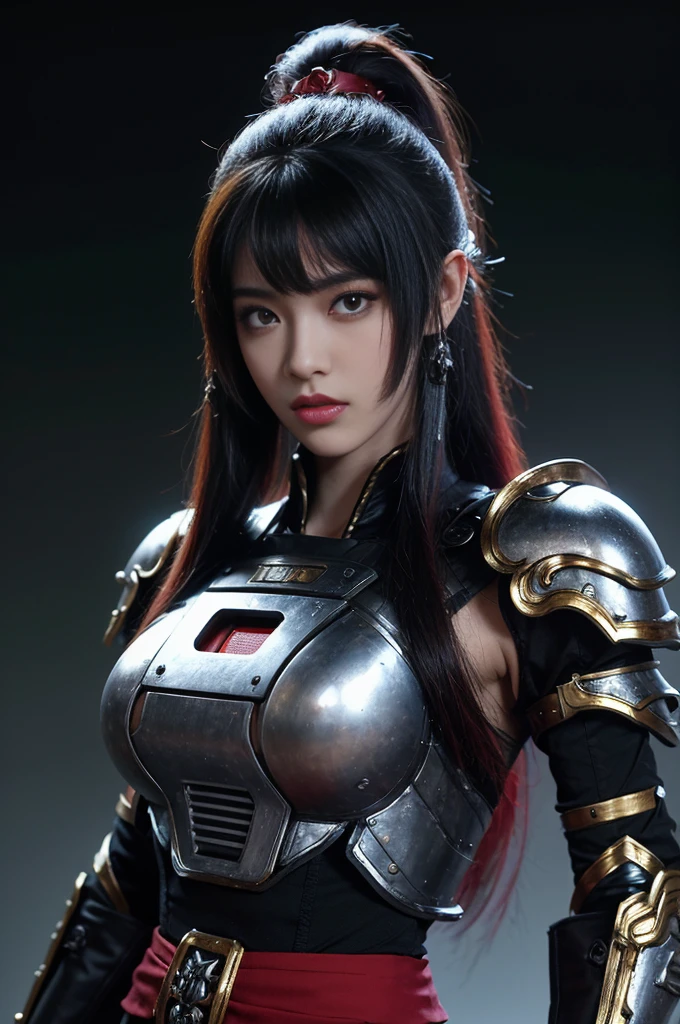 tmasterpiece,Best quality at best,A high resolution,8K,(portrait),(Close up of avatar),(RAW photogr),real photograph,(Costumes that combine fantasy and science fiction styles),digital photography,teens girl,18yo Girl,long ponytail hairstyle,through bangs,Beautiful white and red gradient hair,Red eyes,iintricate,elegant and charming,The content is very detailed,Simple accessories,Metal armor,black sash,Clothing that combines technology and ancient style,Crop topping,Hollow armor design,Combat uniforms,Shoulder pads,cyber punk personage,binh,Photo pose,stately,metalictexture,oc render reflection texture,Gray street background